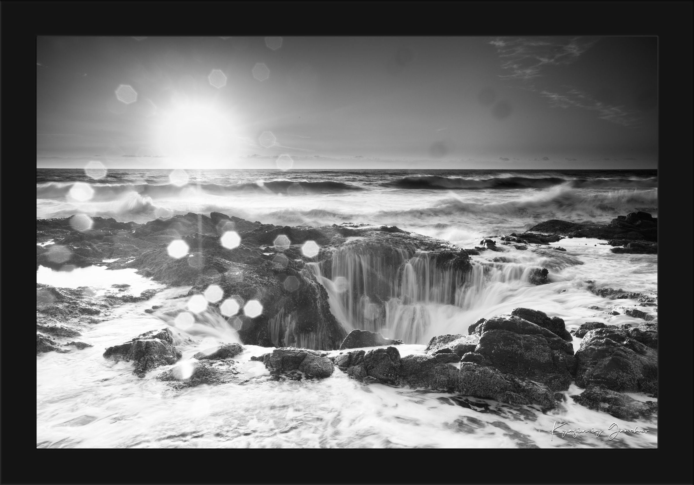 Ocean waves cascading into Thor’s Well on coastal Oregon shore at sunset, hazy conditions. #Finish_Roma Satin Black Frame