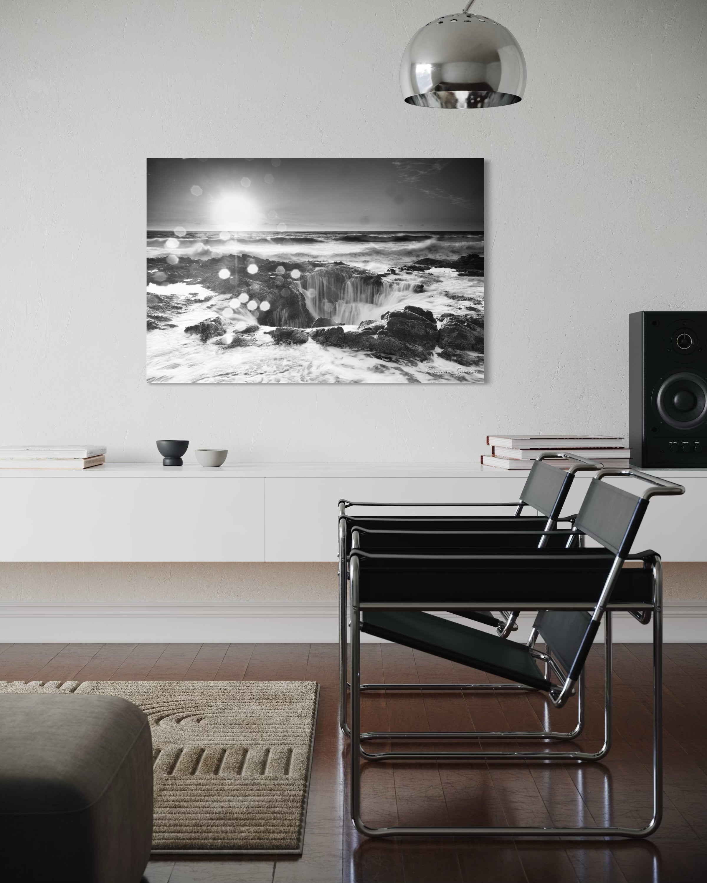 Ocean waves cascading into Thor’s Well on coastal Oregon shore at sunset, hazy conditions. #Finish_Acrylic Recess