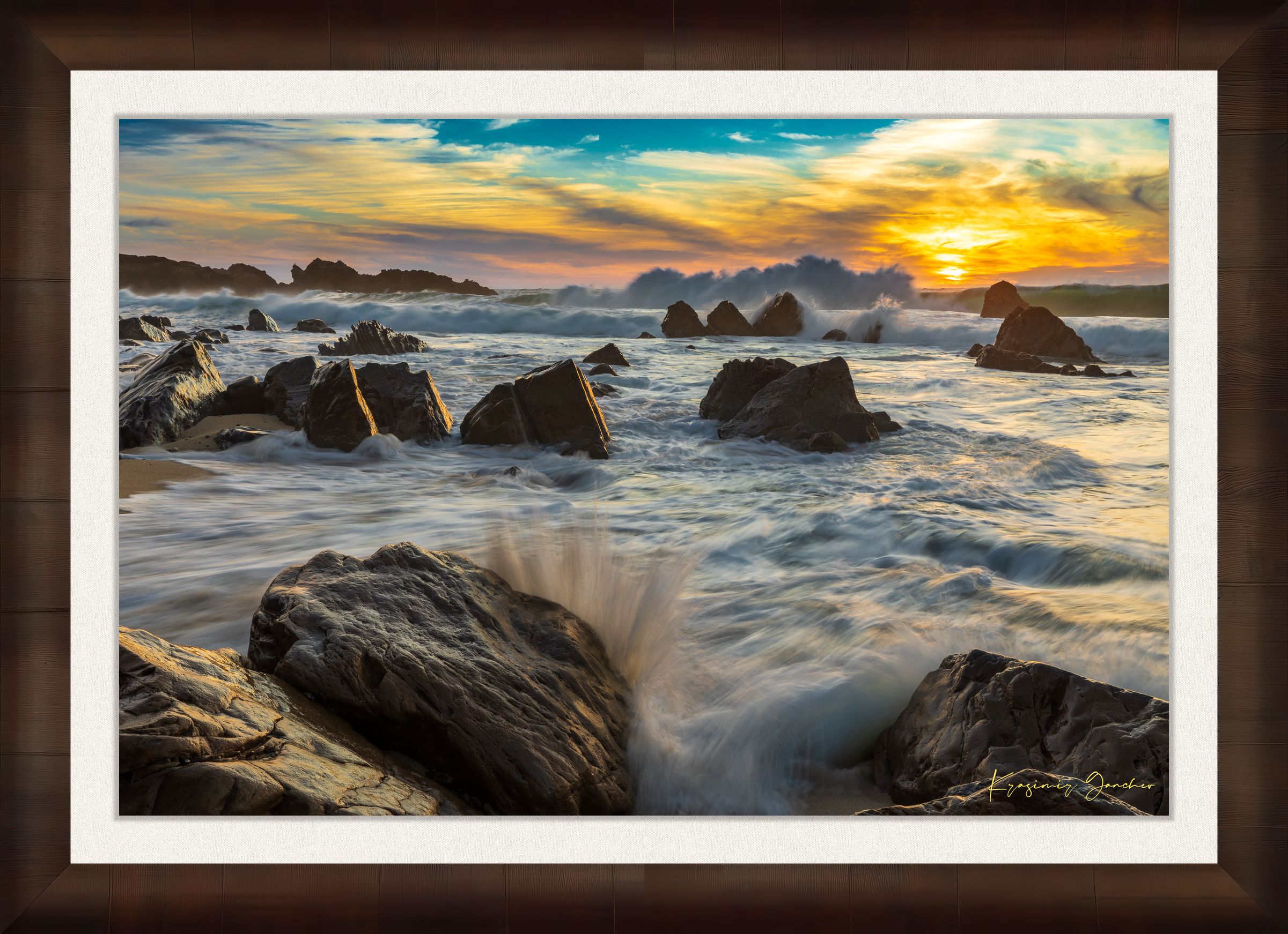Garrapata Beach coastline during sunset in Big Sur, crashing waves against rocks with cloud-covered sky. #Finish_Roma Cigar Leaf Frame & Bright Liner