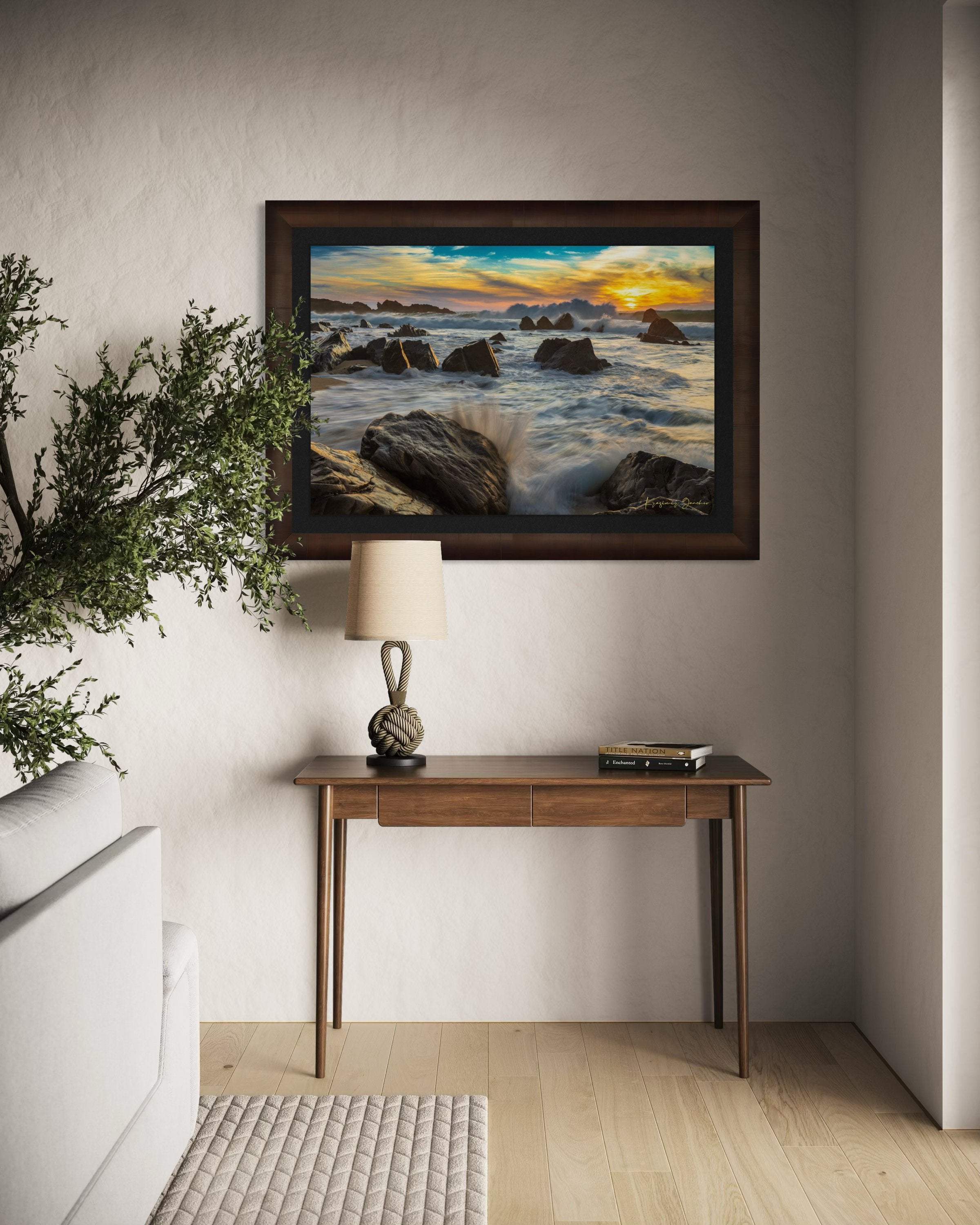 Garrapata Beach coastline during sunset in Big Sur, crashing waves against rocks with cloud-covered sky. #Finish_Roma Cigar Leaf Frame & Dark Liner
