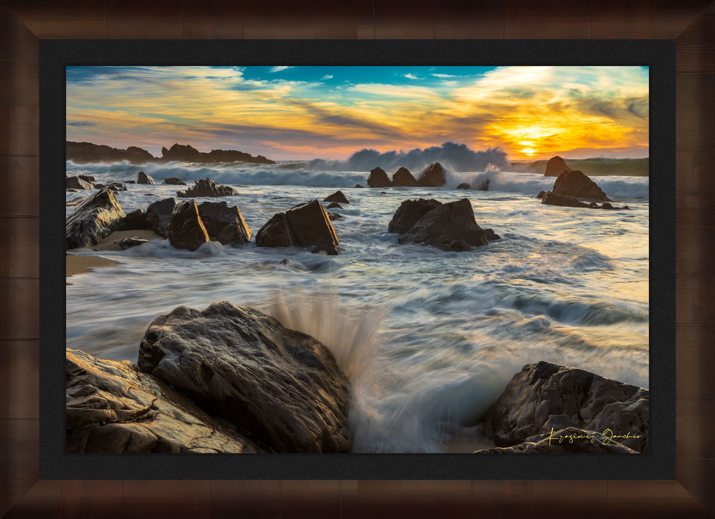 Garrapata Beach coastline during sunset in Big Sur, crashing waves against rocks with cloud-covered sky. #Finish_Roma Cigar Leaf Frame & Dark Liner
