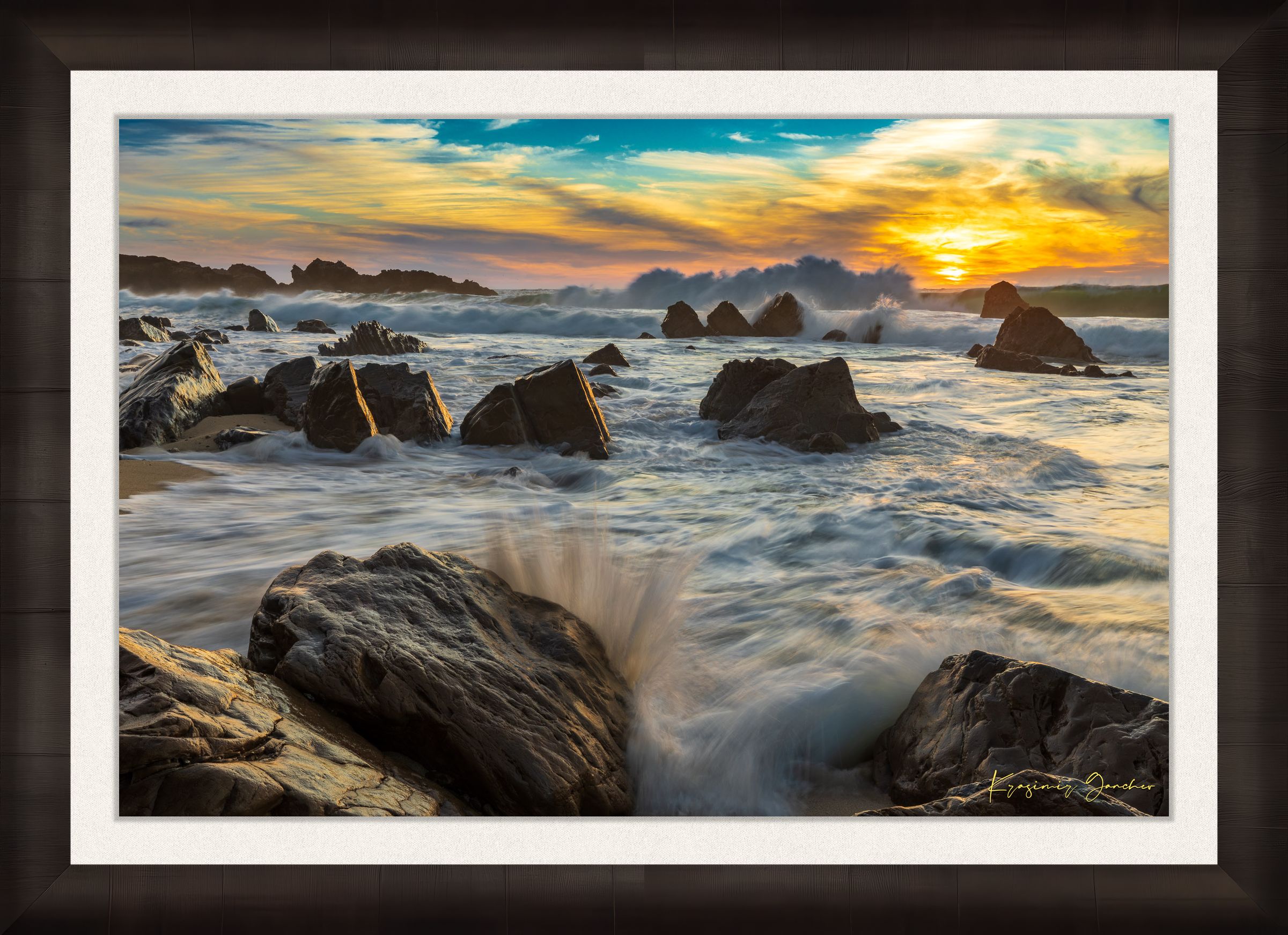 Garrapata Beach coastline during sunset in Big Sur, crashing waves against rocks with cloud-covered sky. #Finish_Roma Dark Ash Frame & Bright Liner