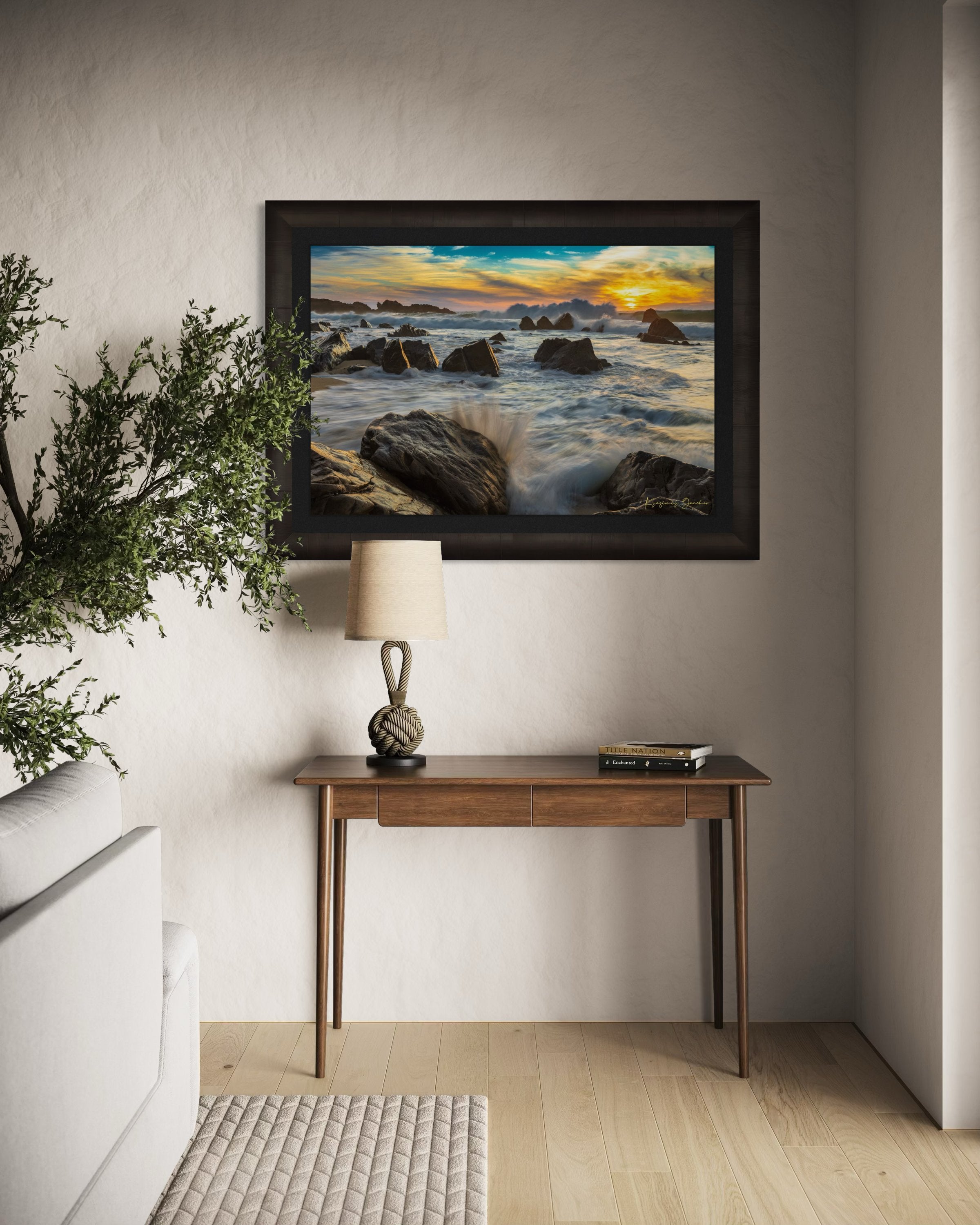 Garrapata Beach coastline during sunset in Big Sur, crashing waves against rocks with cloud-covered sky. #Finish_Roma Dark Ash Frame & Dark Liner