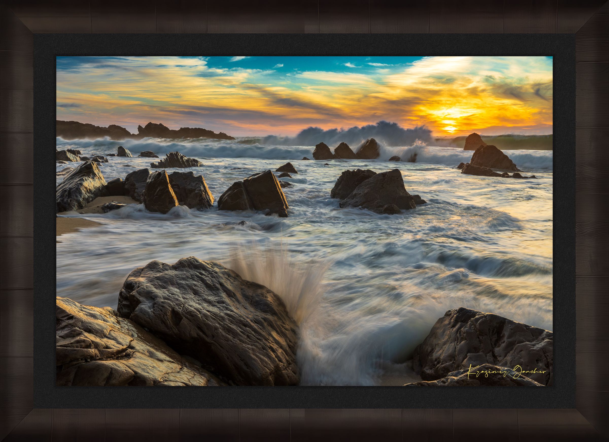 Garrapata Beach coastline during sunset in Big Sur, crashing waves against rocks with cloud-covered sky. #Finish_Roma Dark Ash Frame & Dark Liner