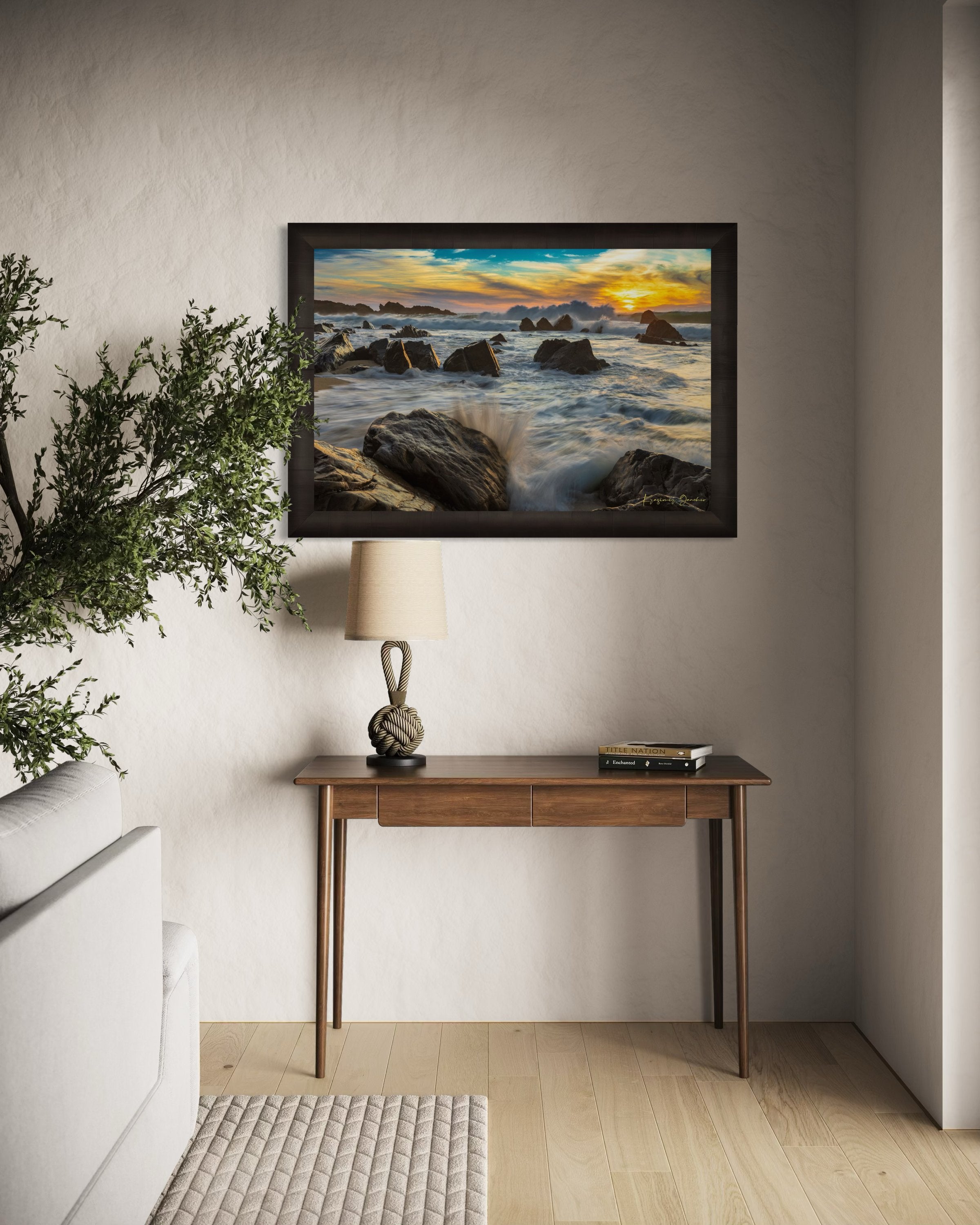 Garrapata Beach coastline during sunset in Big Sur, crashing waves against rocks with cloud-covered sky. #Finish_Roma Dark Ash Frame