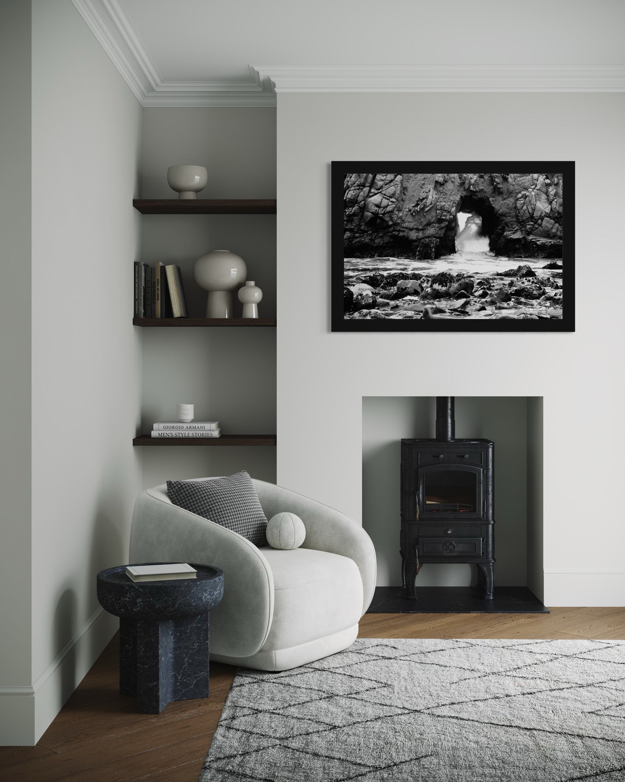 Natural arch formation at Big Sur viewed during daylight, facing the ocean with wave motion. #Finish_Roma Satin Black Frame