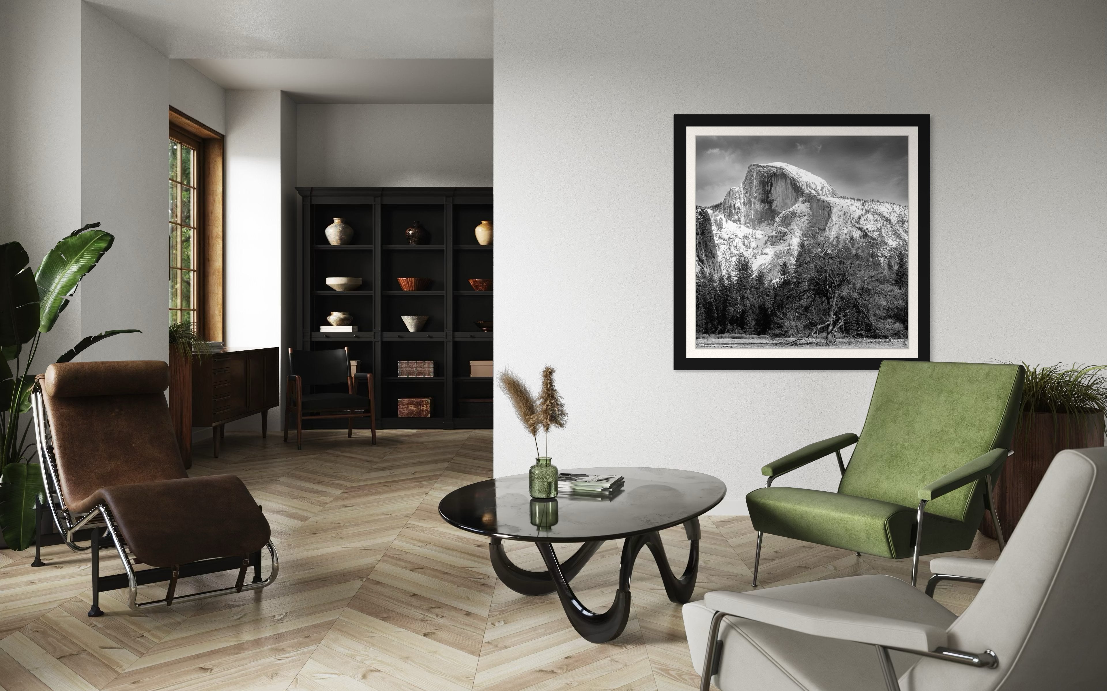 Monolithic Half Dome stands in stark contrast against a shadowed foreground amid clouds and fresh snow in Yosemite National Park. #Finish_Roma Satin Black Frame & Bright Liner