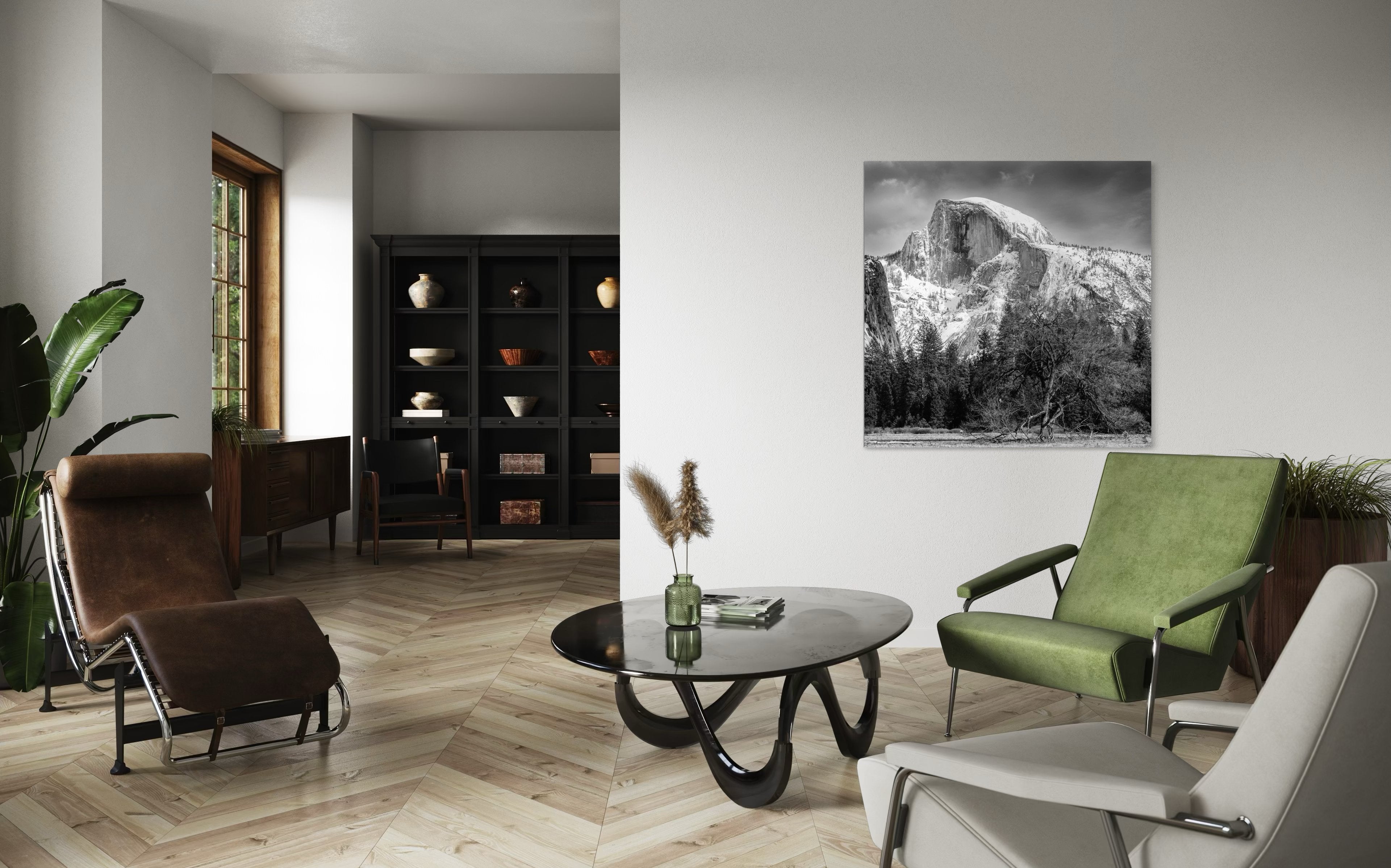 Monolithic Half Dome stands in stark contrast against a shadowed foreground amid clouds and fresh snow in Yosemite National Park. #Finish_Acrylic Recess