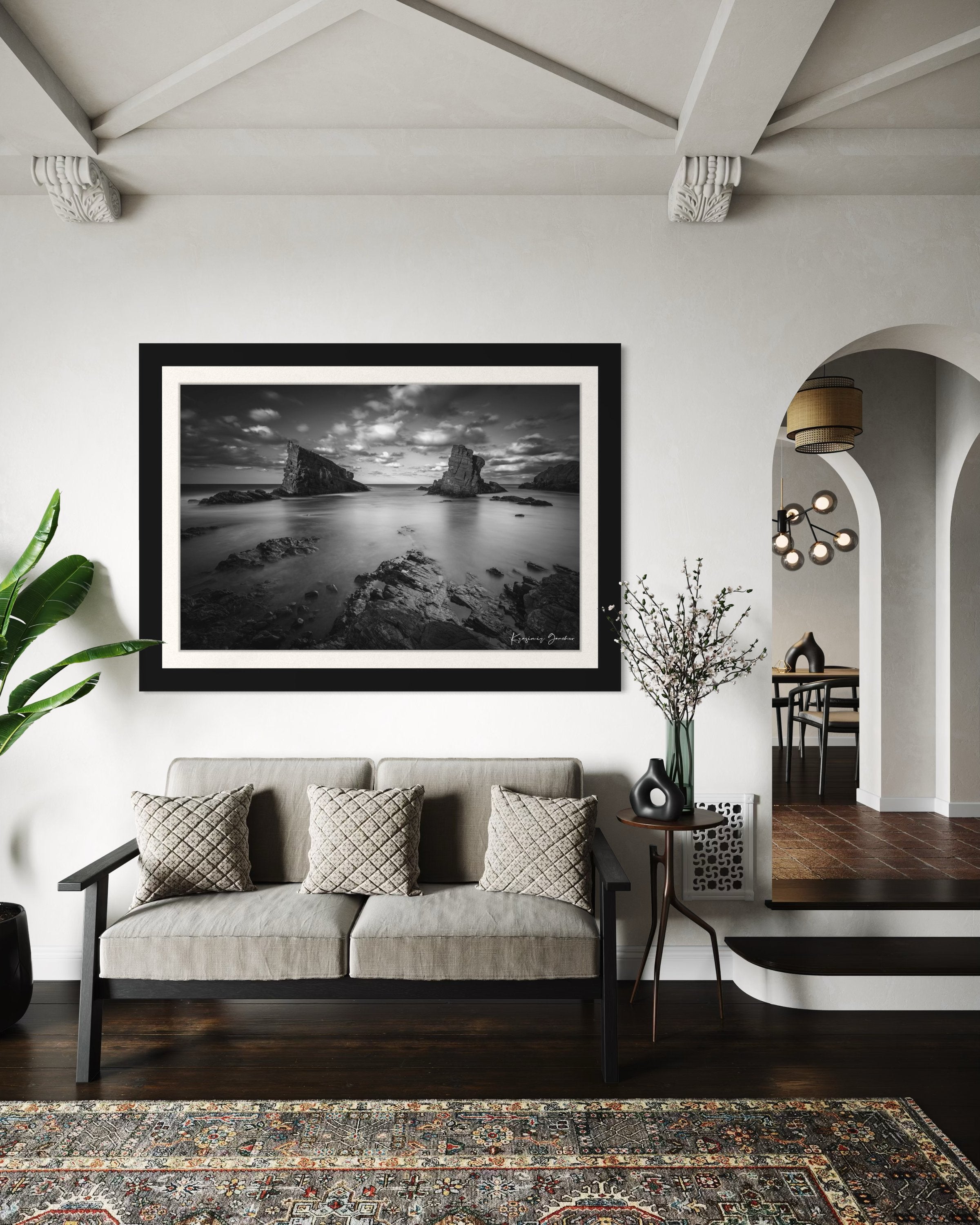 The Stone Ships rock formations at Sinemorets, Bulgaria, captured in black and white during a sunset with clouds over the sea. #Finish_Roma Satin Black Frame & Bright Liner