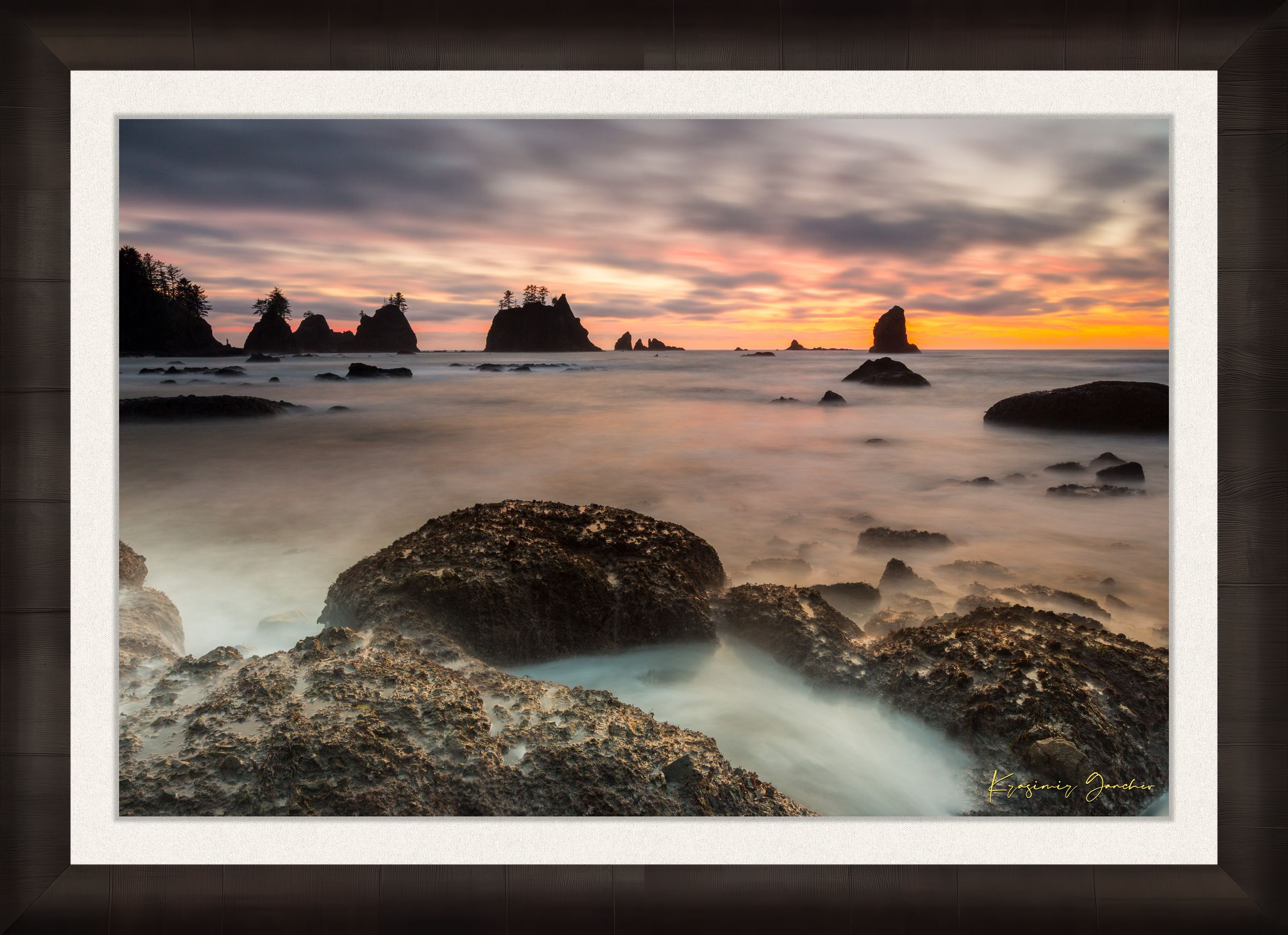 Silhouette of sea stacks against a twilight sky on Shi Shi Beach in Olympic National Park; gentle waves wash over wet sand during sunset. #Finish_Roma Dark Ash Frame & Bright Liner