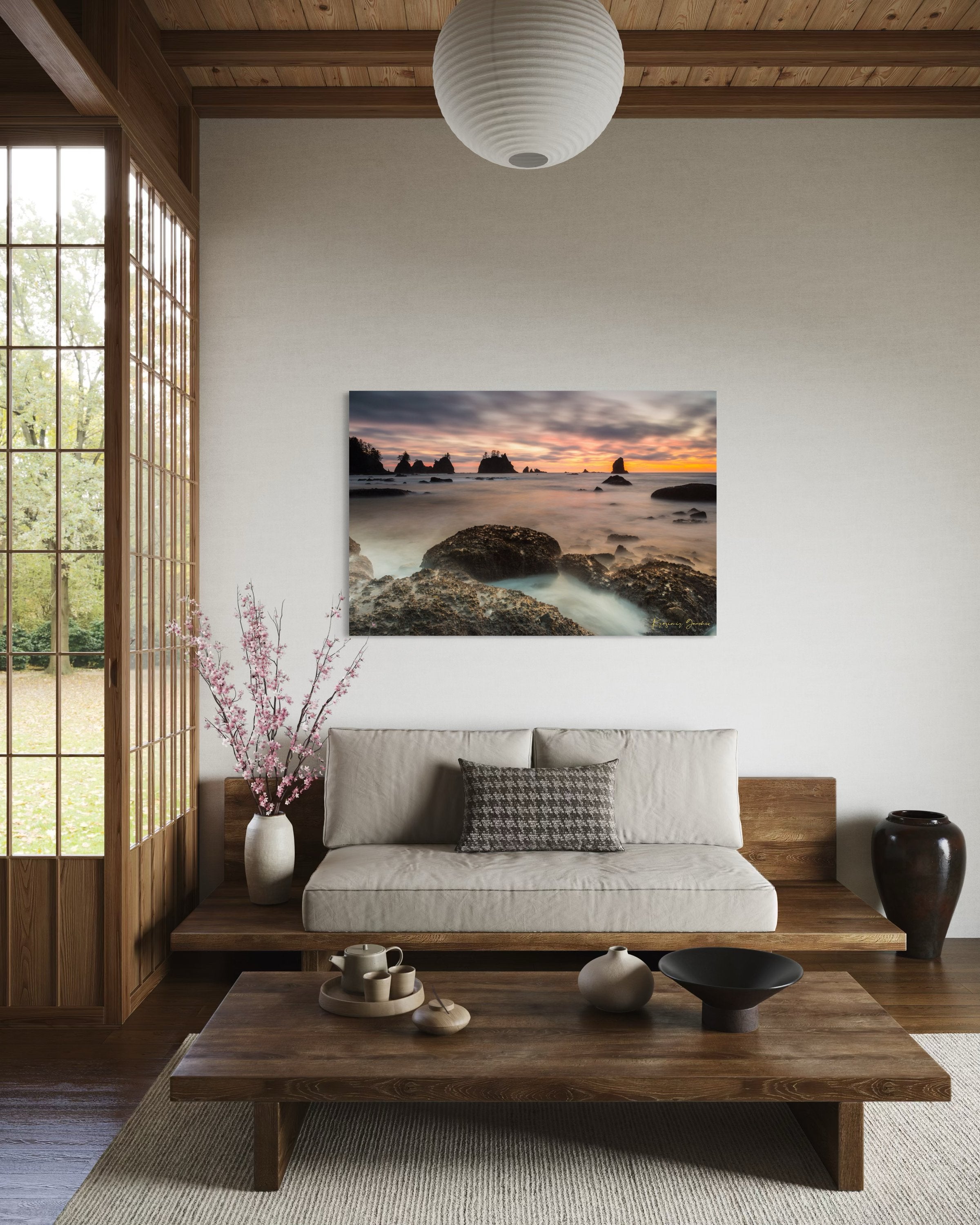 Silhouette of sea stacks against a twilight sky on Shi Shi Beach in Olympic National Park; gentle waves wash over wet sand during sunset. #Finish_Acrylic Recess
