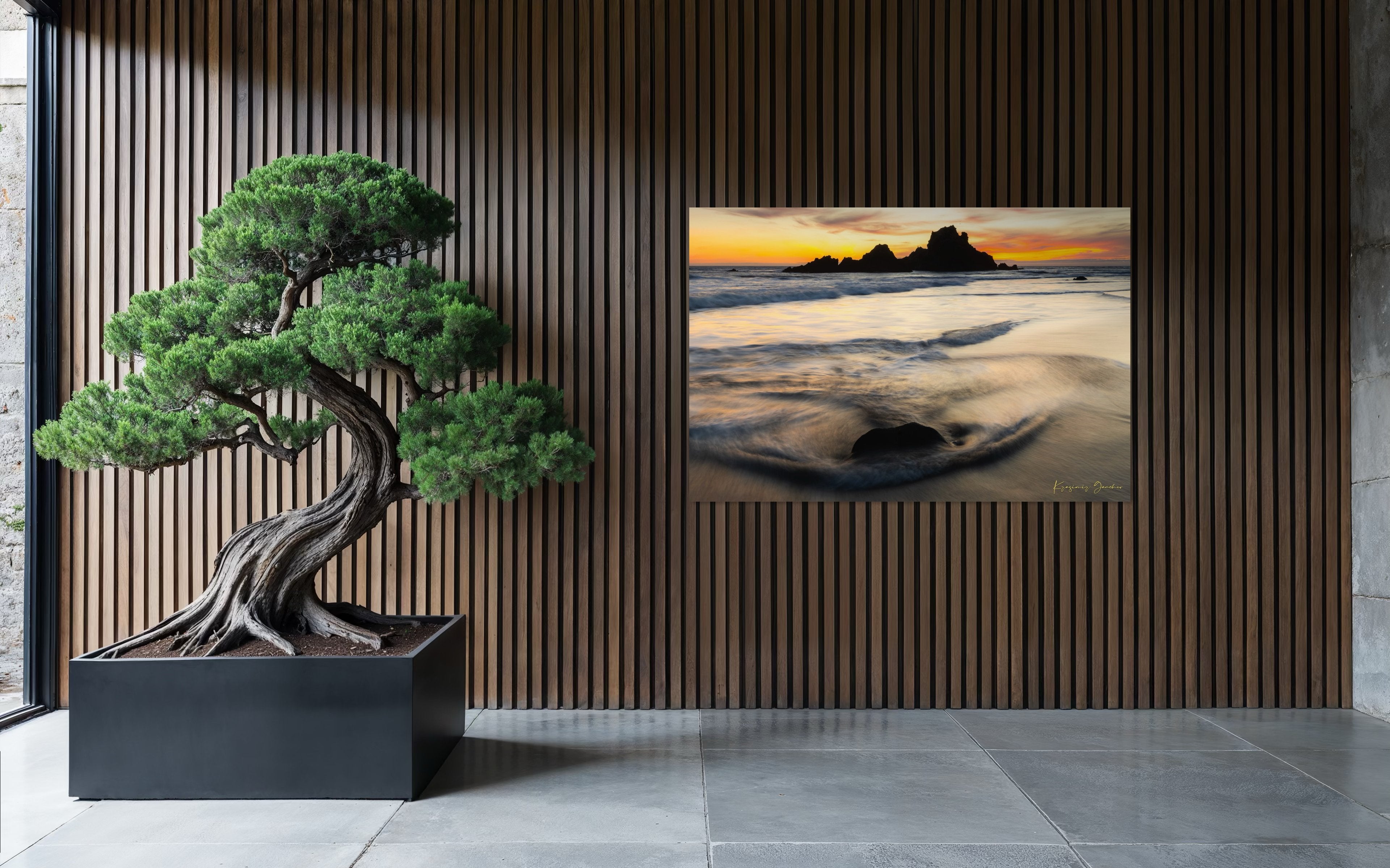 Beach scene at Pfeiffer Beach in Big Sur featuring sea stack, golden hour light, clouds, and gentle rolling waves. #Finish_Acrylic Recess