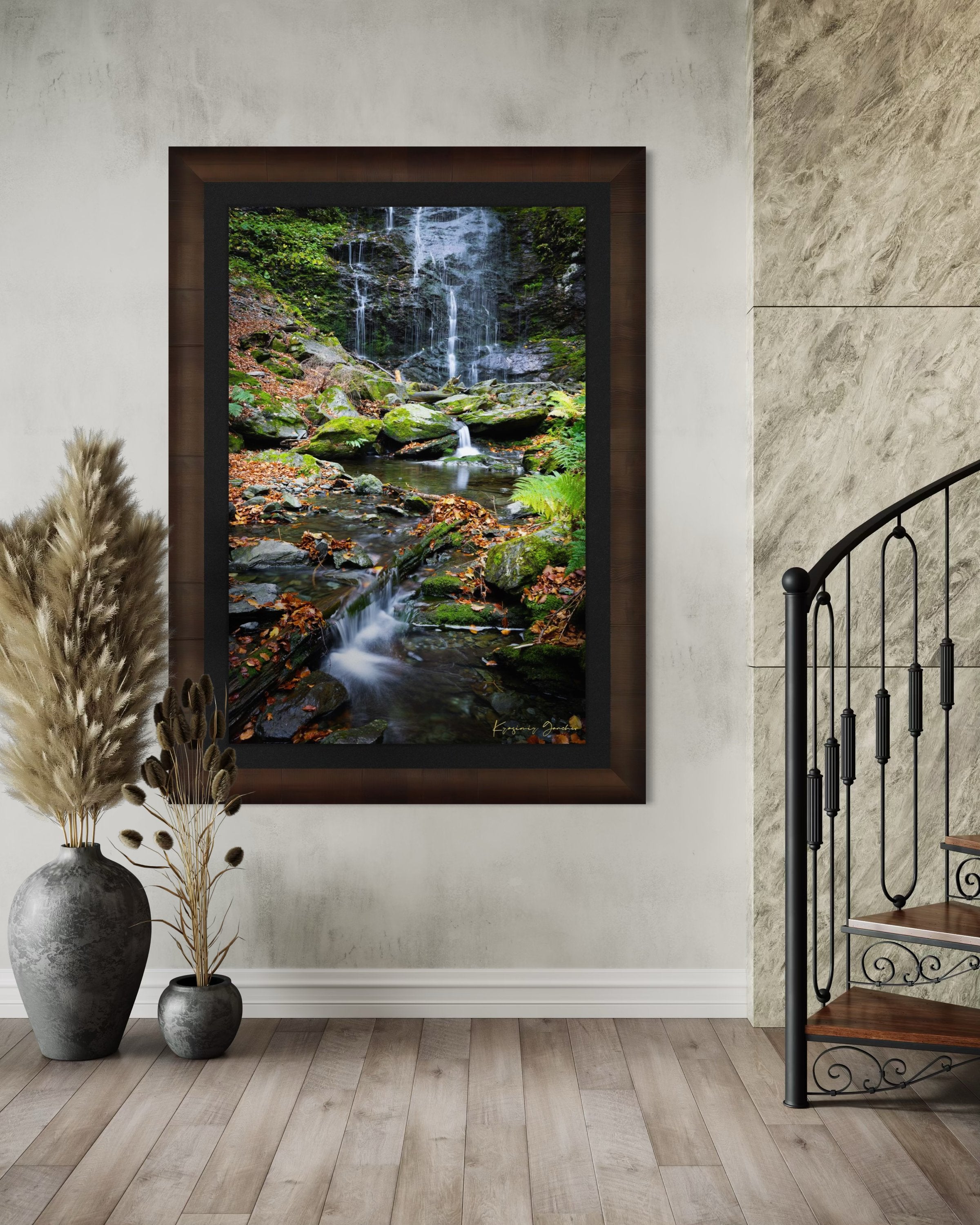 Waterfall flowing through mossy stones and fallen leaves in an autumnal forest within Stara Reka Reserve, Central Balkan National Park. #Finish_Roma Cigar Leaf Frame & Dark Liner