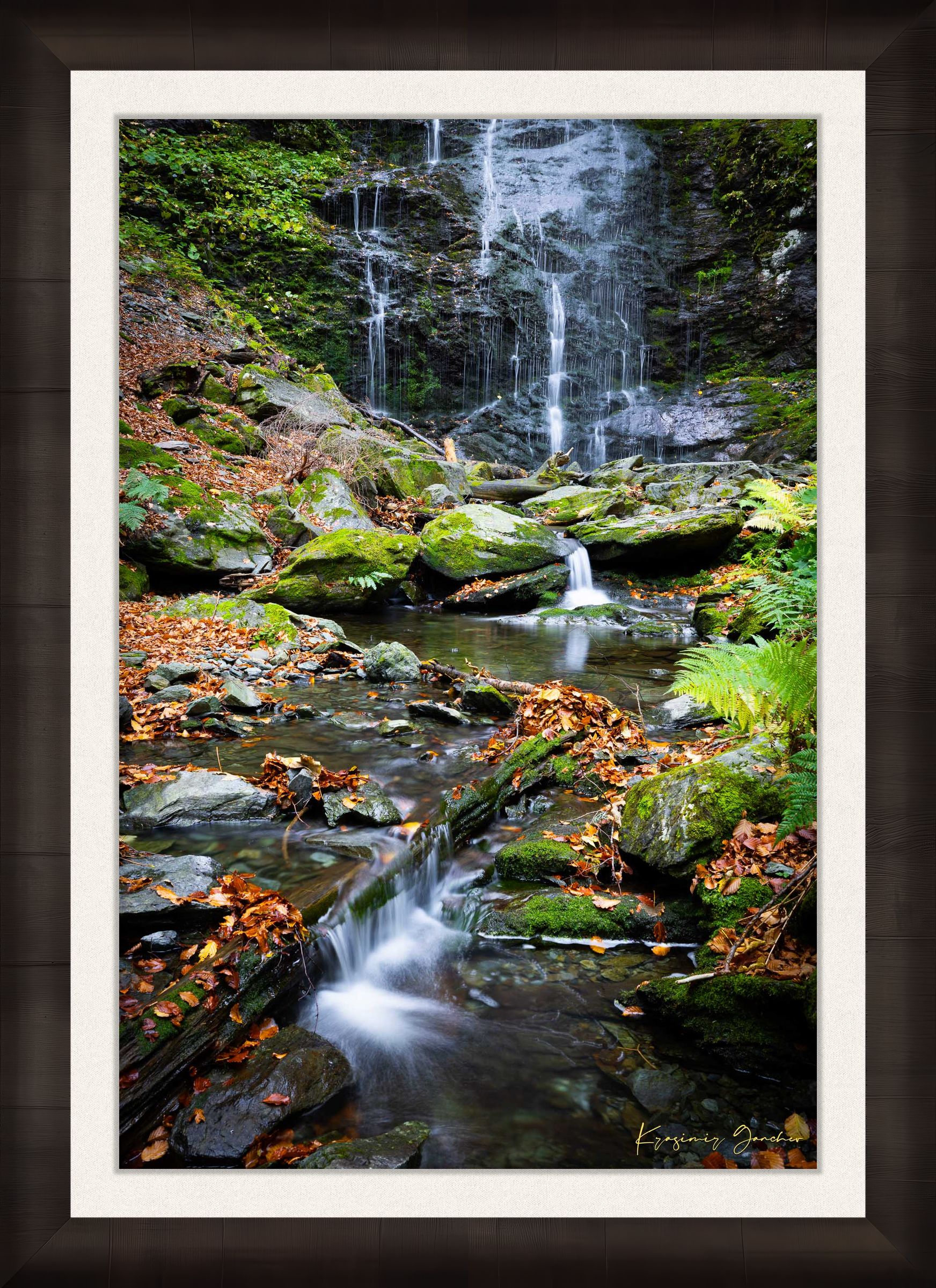 Waterfall flowing through mossy stones and fallen leaves in an autumnal forest within Stara Reka Reserve, Central Balkan National Park. #Finish_Roma Dark Ash Frame & Bright Liner