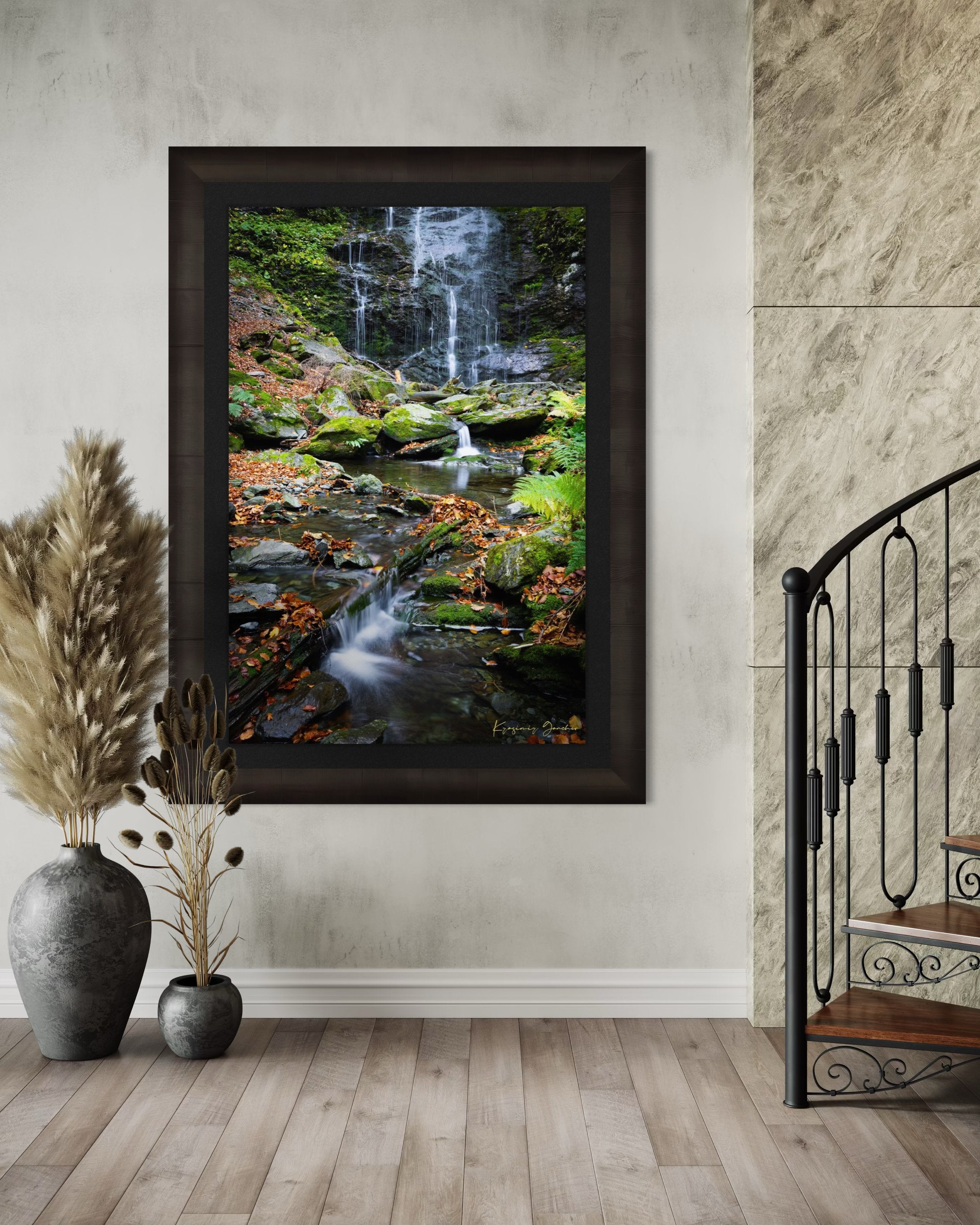 Waterfall flowing through mossy stones and fallen leaves in an autumnal forest within Stara Reka Reserve, Central Balkan National Park. #Finish_Roma Dark Ash Frame & Dark Liner
