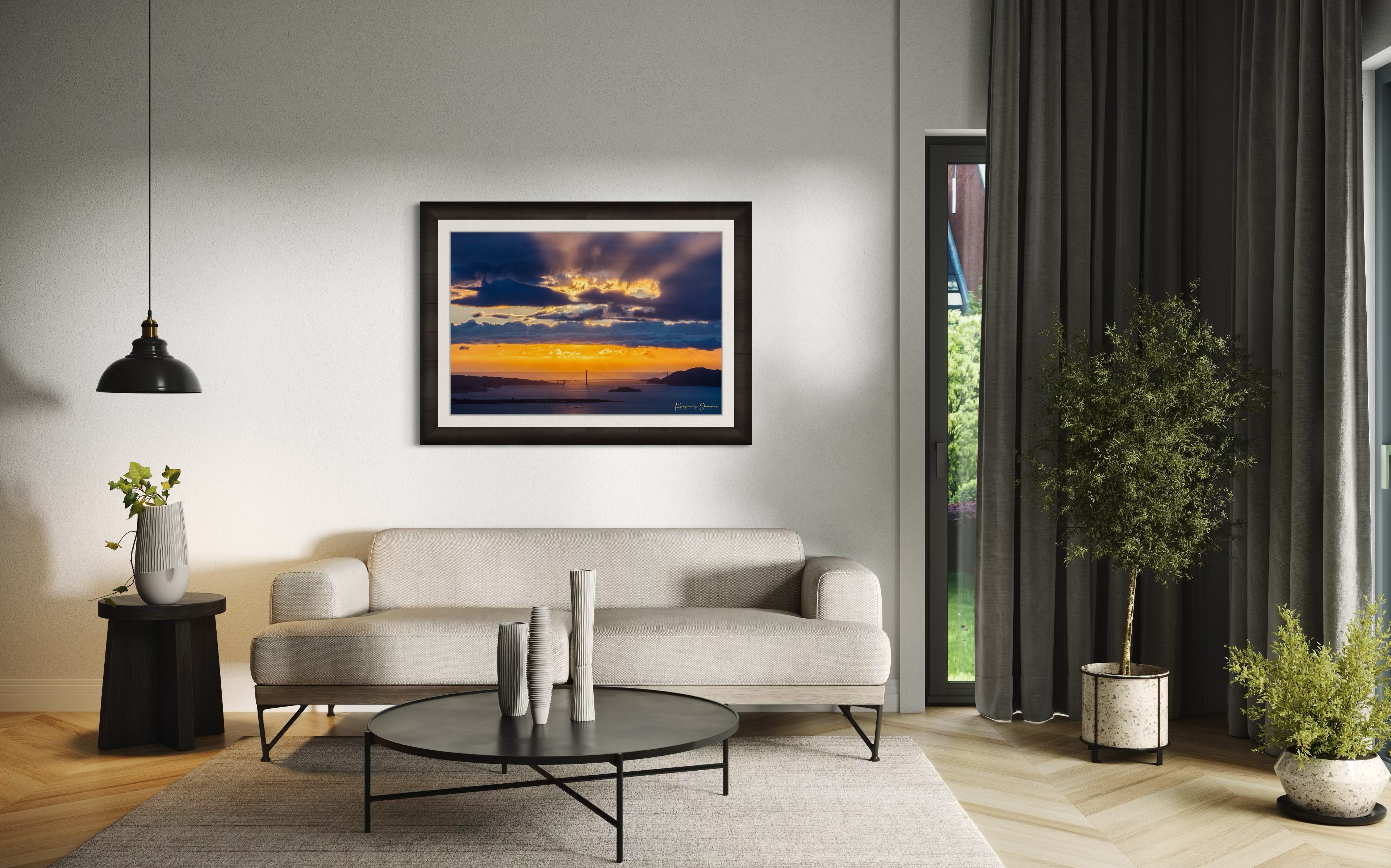 Golden Gate Bridge spanning a sunlit bay at sunset under layered stormy clouds, warm hues blending into cool sky tones. #Finish_Roma Dark Ash Frame & Bright Liner