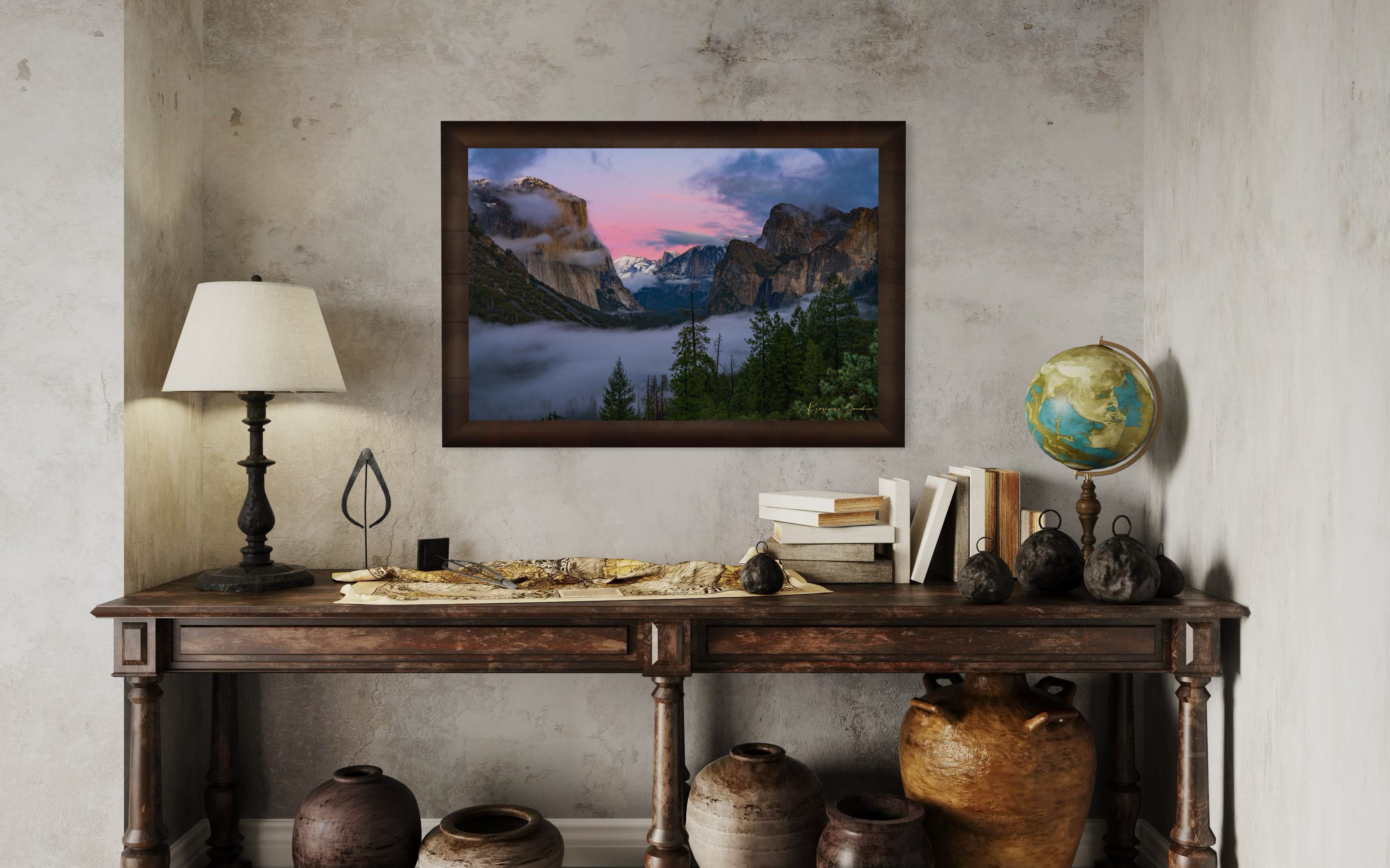 Sunset view of El Capitan monolith in Yosemite National Park, surrounded by valley fog and clouds. #Finish_Roma Cigar Leaf Frame