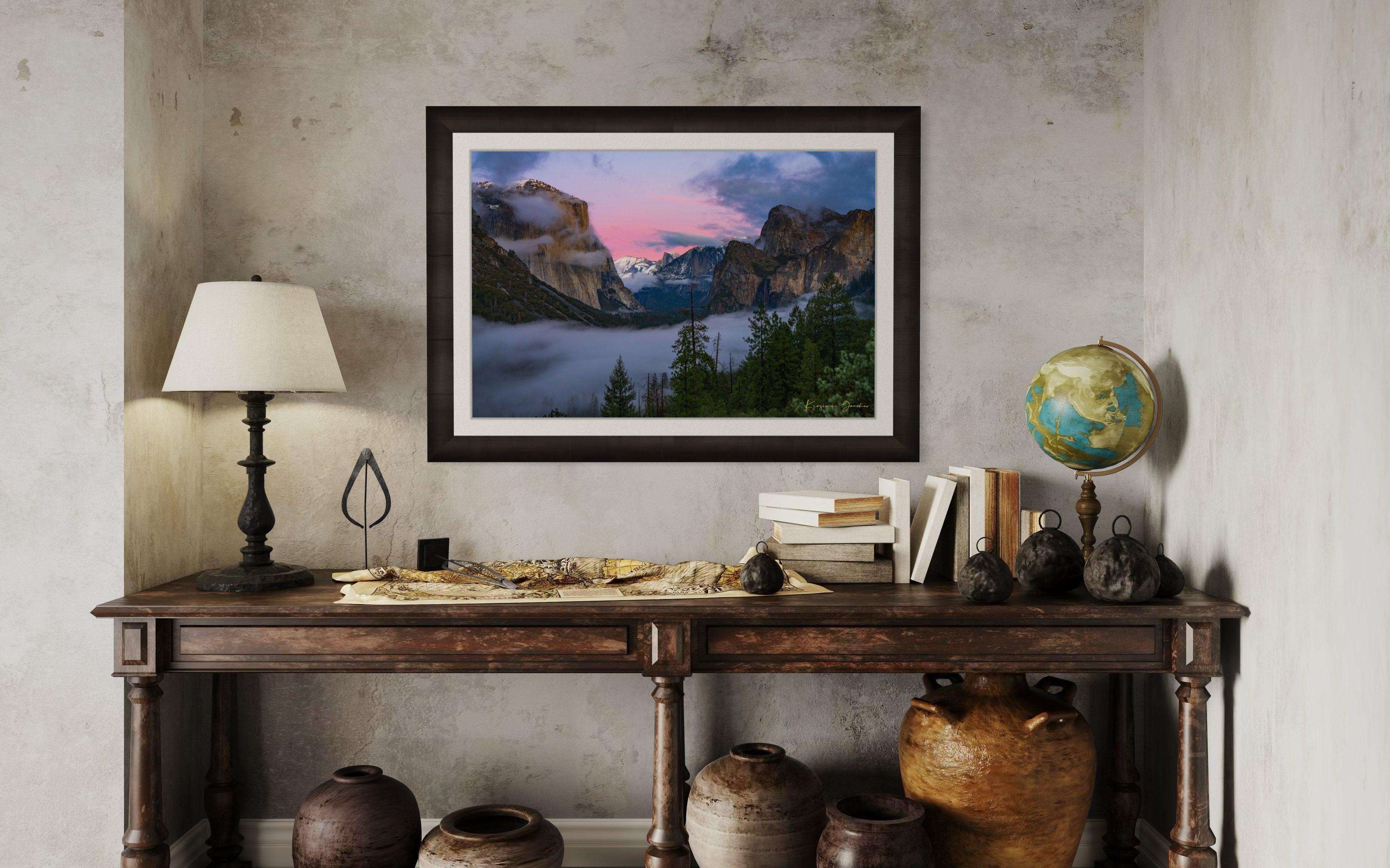 Sunset view of El Capitan monolith in Yosemite National Park, surrounded by valley fog and clouds. #Finish_Roma Dark Ash Frame & Bright Liner