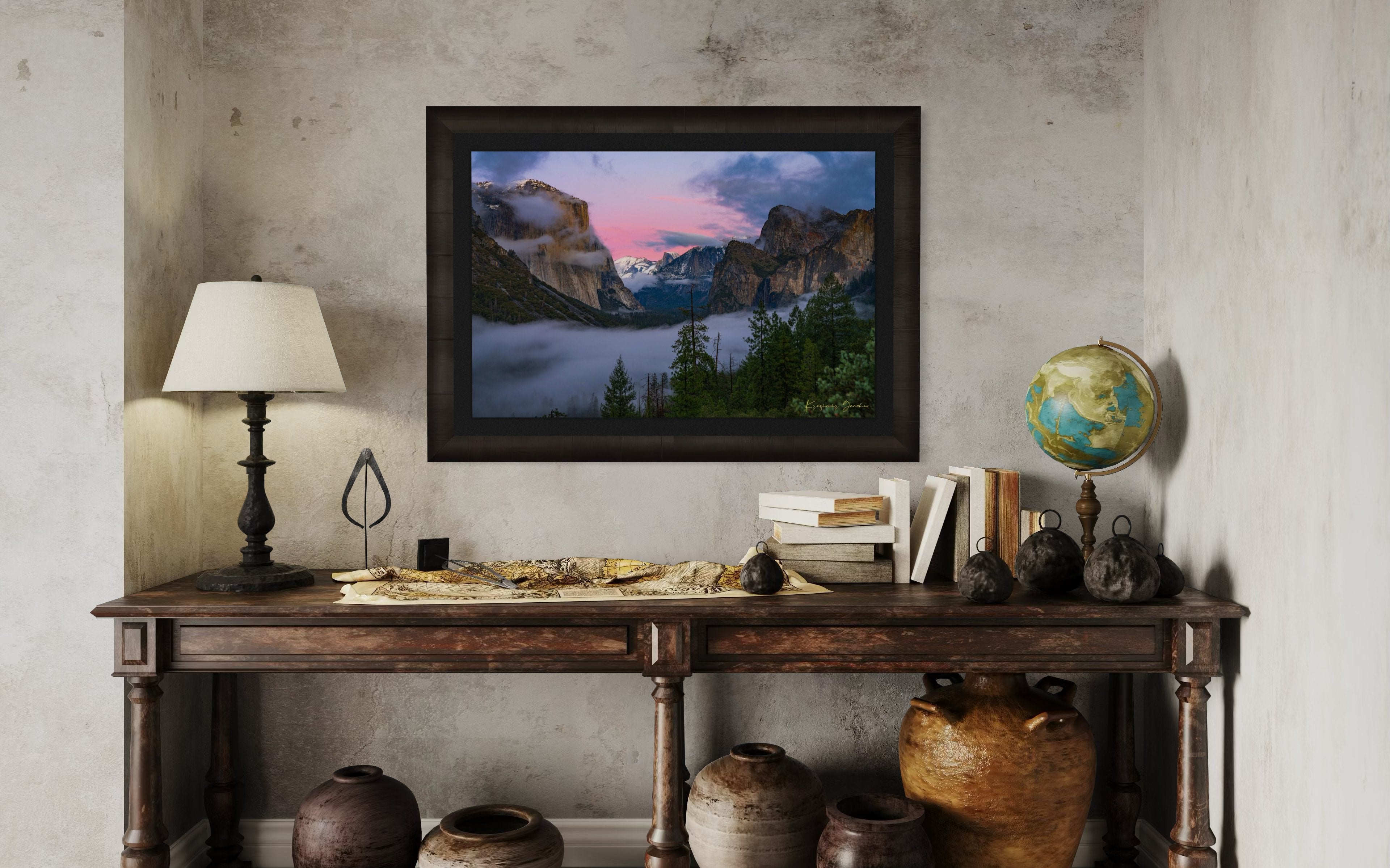 Sunset view of El Capitan monolith in Yosemite National Park, surrounded by valley fog and clouds. #Finish_Roma Dark Ash Frame & Dark Liner