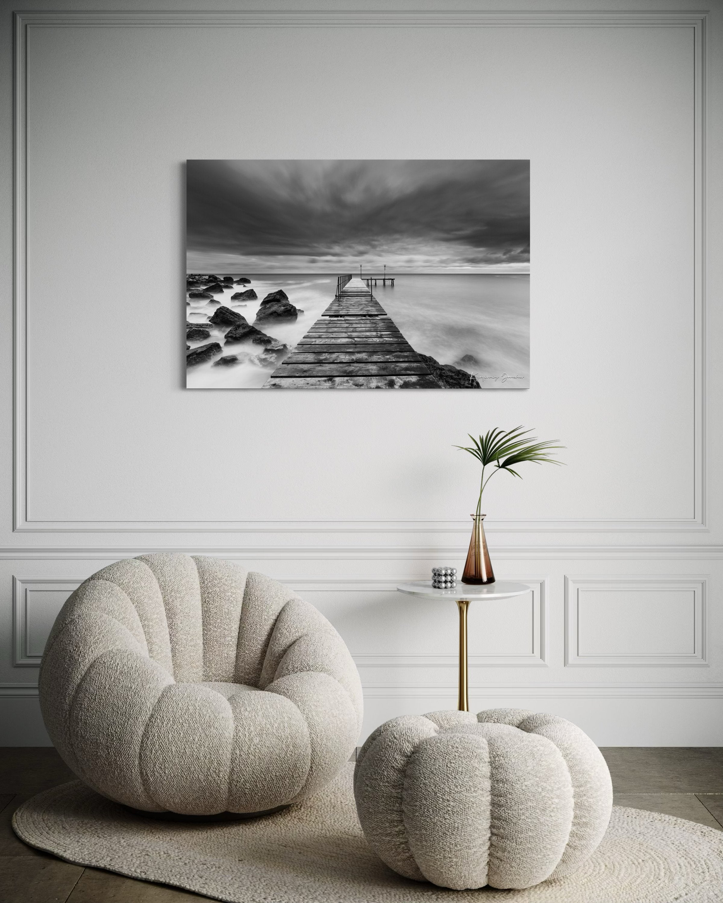 Coastal rocks and pier along the Black Sea coast during storm, wave activity visible. #Finish_Acrylic Recess