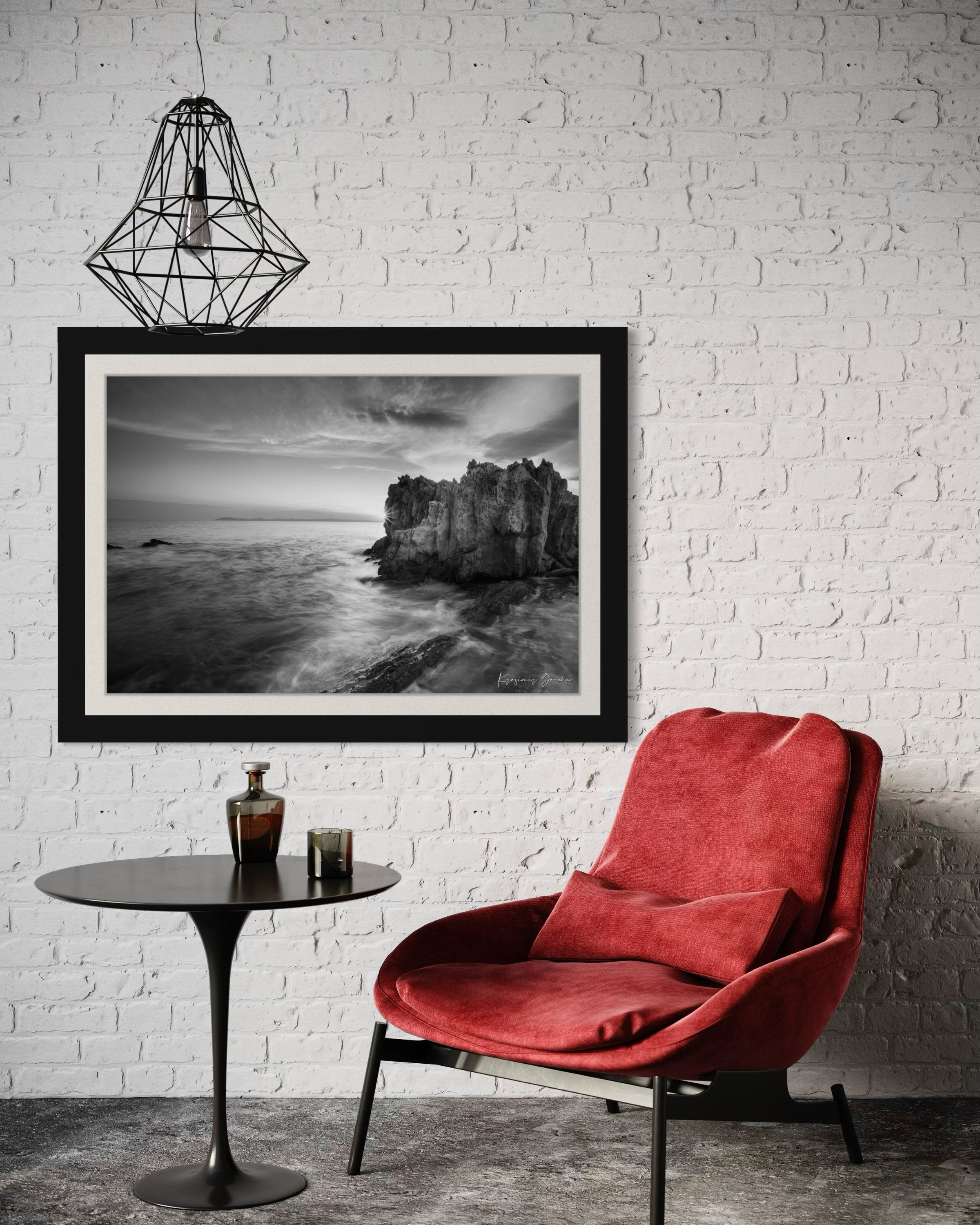 Black and white photograph of Sithonia’s rugged coastal cliffs during sunset, high contrast with breaking waves. #Finish_Roma Satin Black Frame & Bright Liner