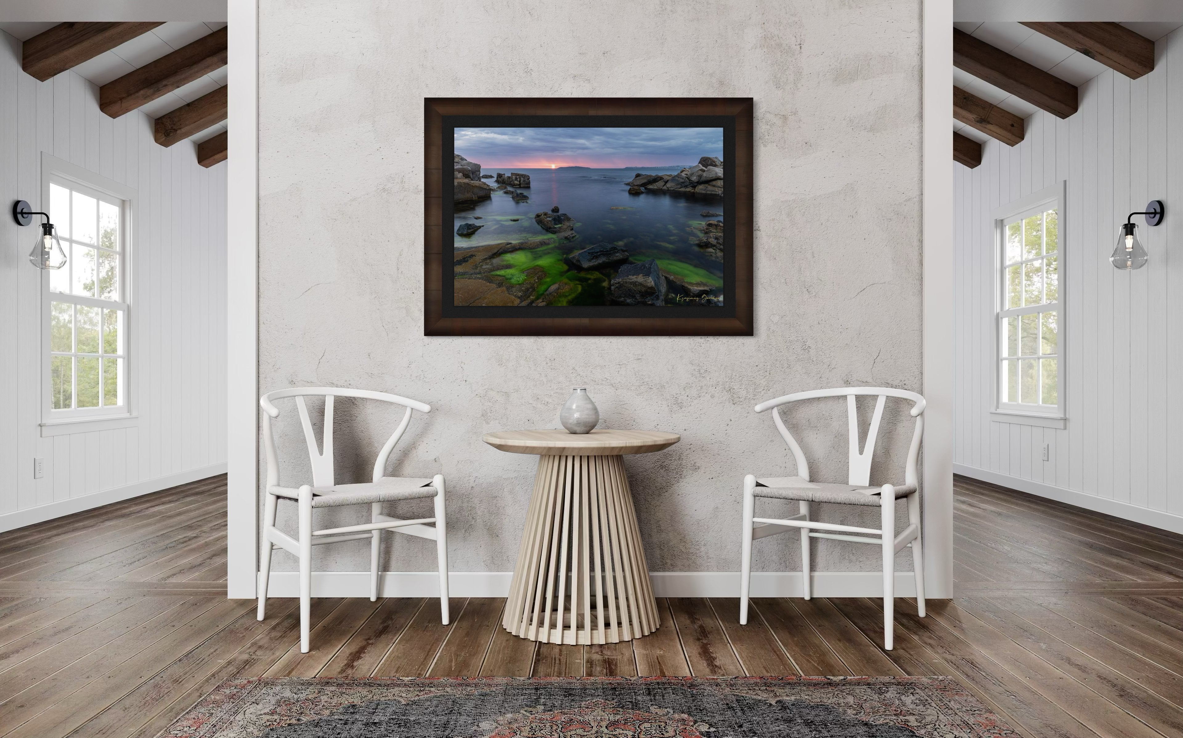 Chernomorets coastal shoreline at sunrise with sea waves under stormy sky and distant rain shadows. #Finish_Roma Cigar Leaf Frame & Dark Liner