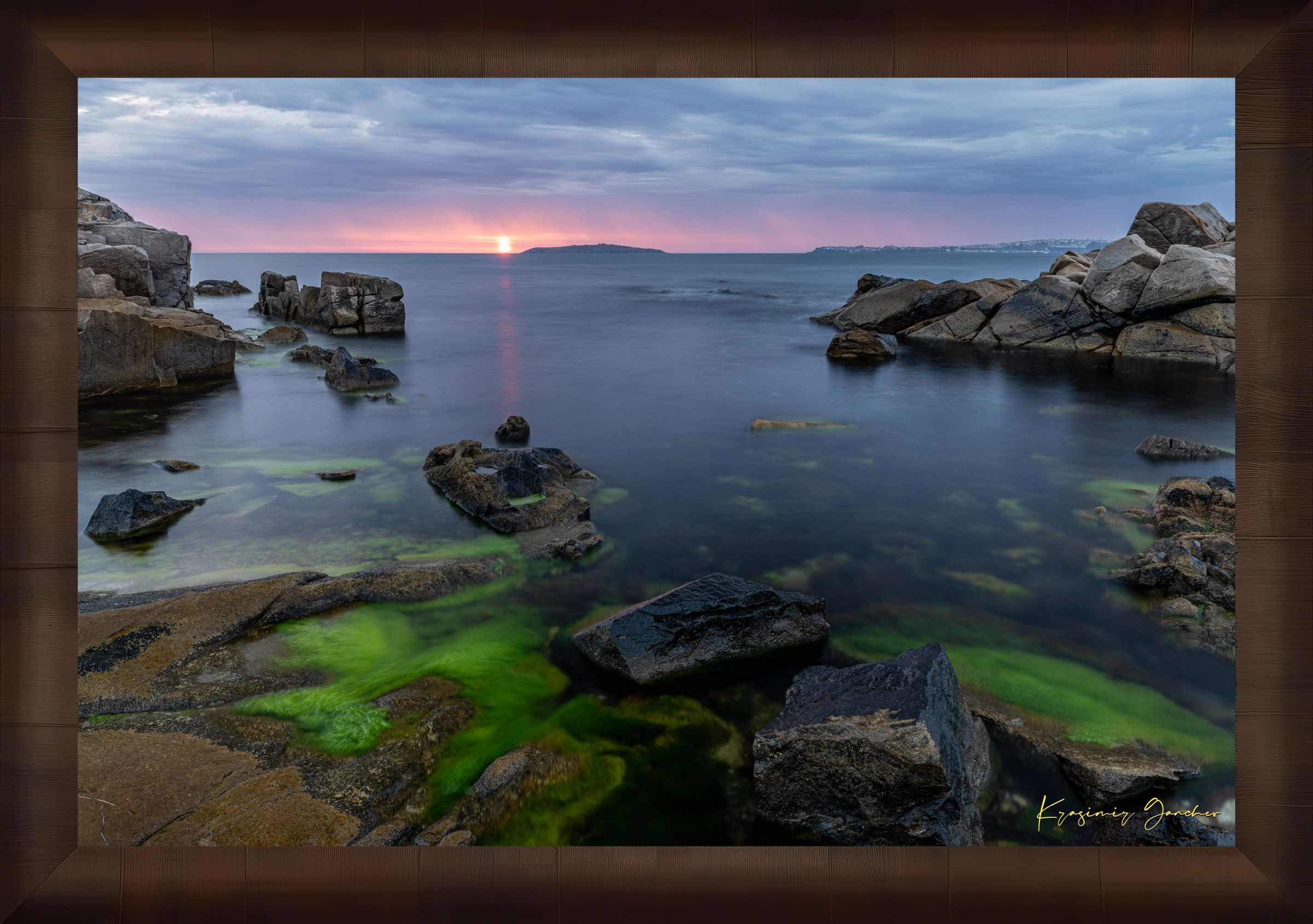 Chernomorets coastal shoreline at sunrise with sea waves under stormy sky and distant rain shadows. #Finish_Roma Cigar Leaf Frame