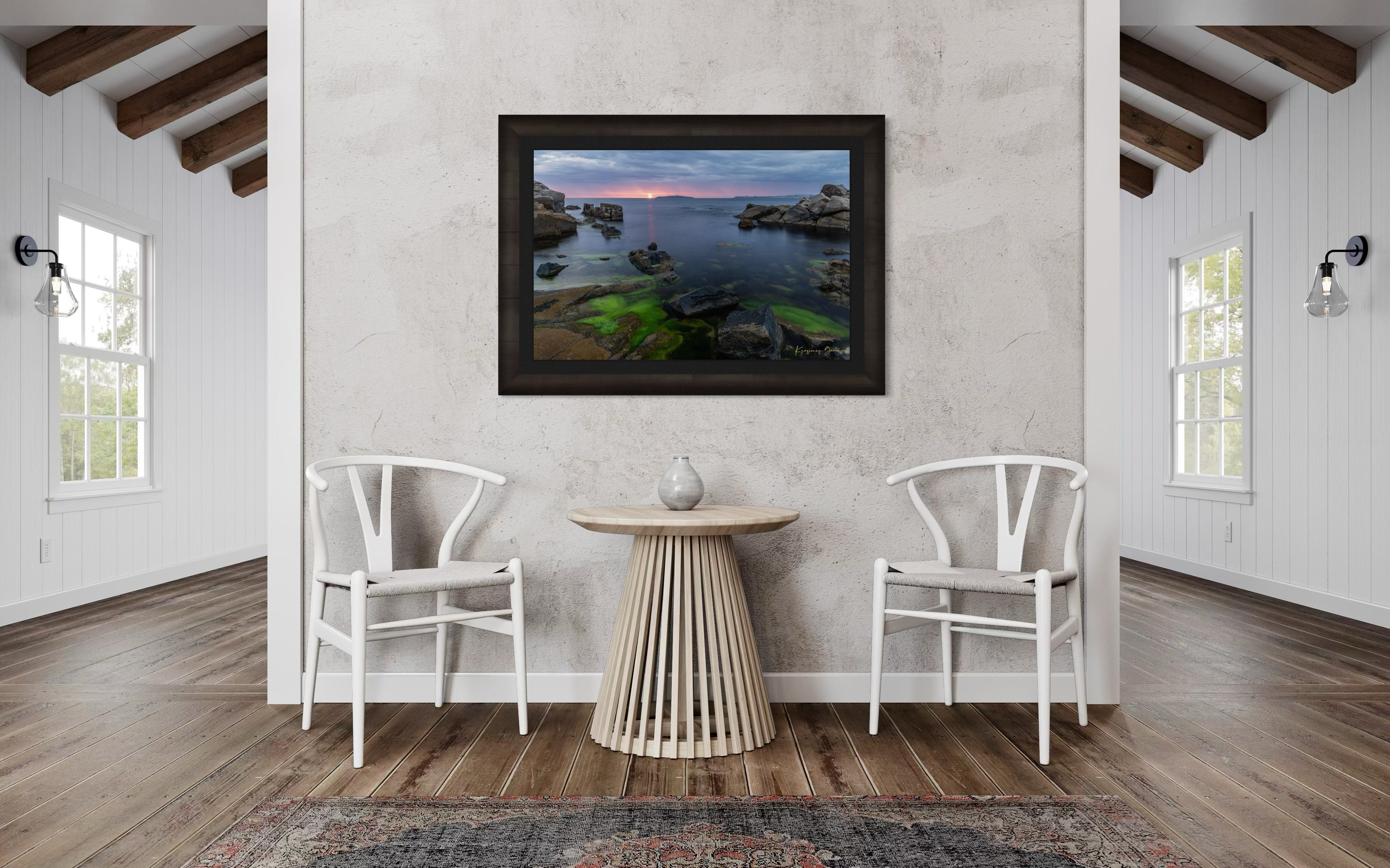 Chernomorets coastal shoreline at sunrise with sea waves under stormy sky and distant rain shadows. #Finish_Roma Dark Ash Frame & Dark Liner