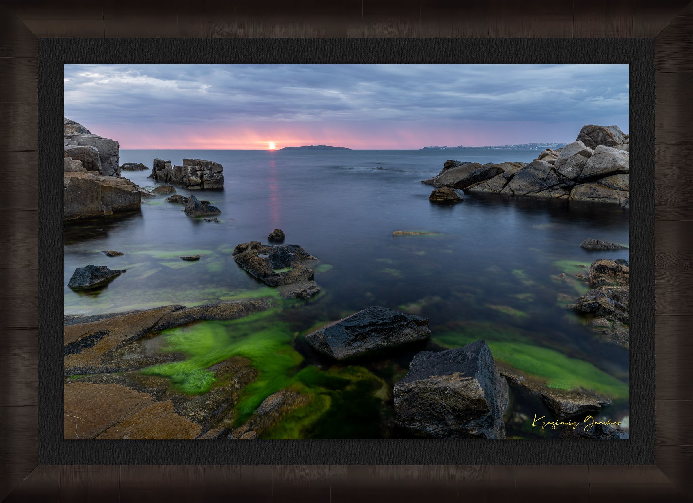 Chernomorets coastal shoreline at sunrise with sea waves under stormy sky and distant rain shadows. #Finish_Roma Dark Ash Frame & Dark Liner