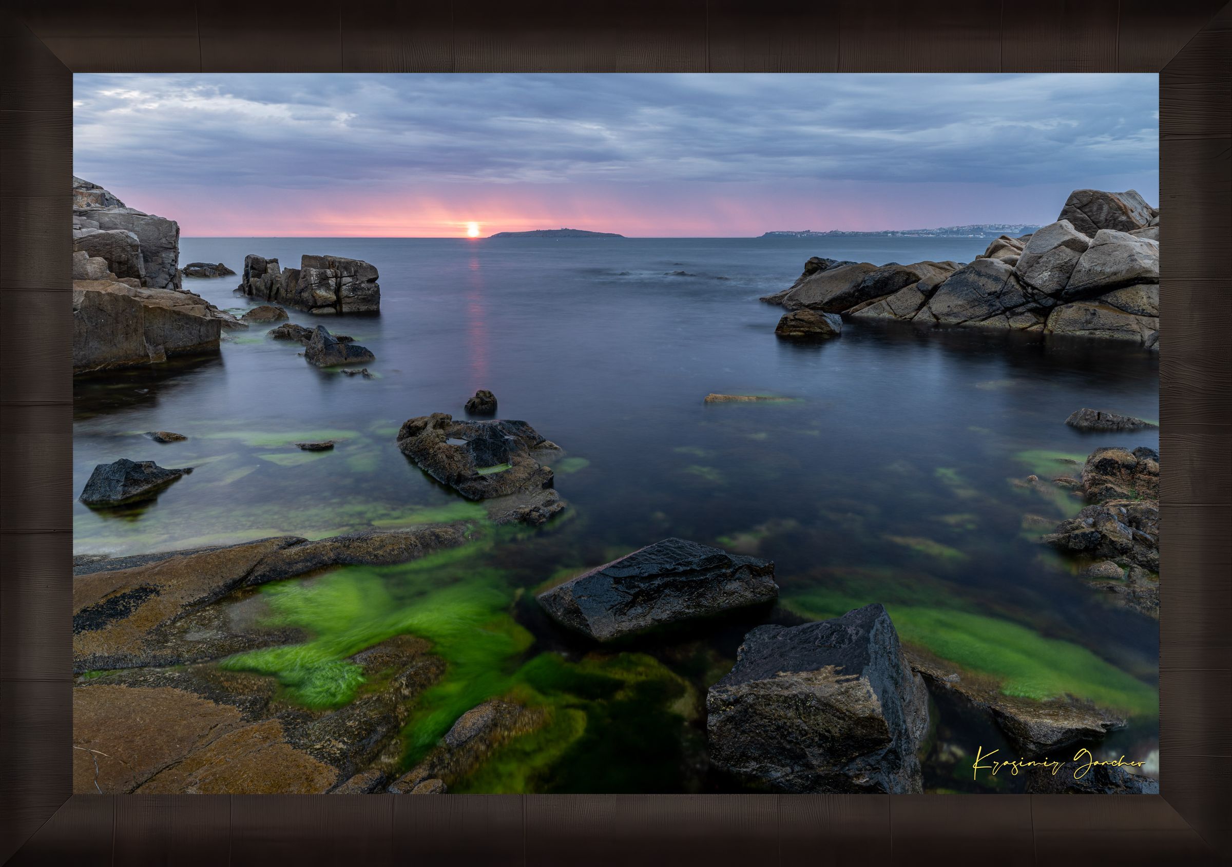 Chernomorets coastal shoreline at sunrise with sea waves under stormy sky and distant rain shadows. #Finish_Roma Dark Ash Frame