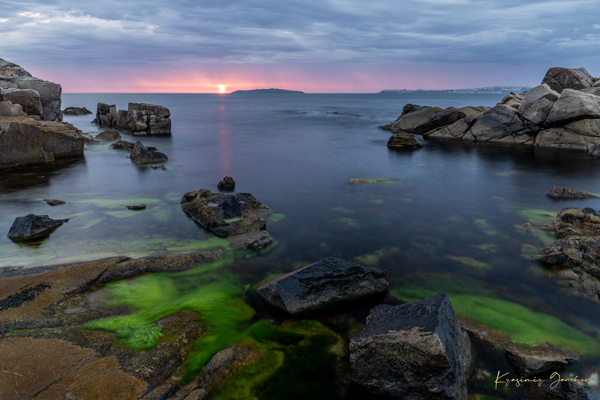 Chernomorets coastal shoreline at sunrise with sea waves under stormy sky and distant rain shadows. #Finish_Acrylic Recess