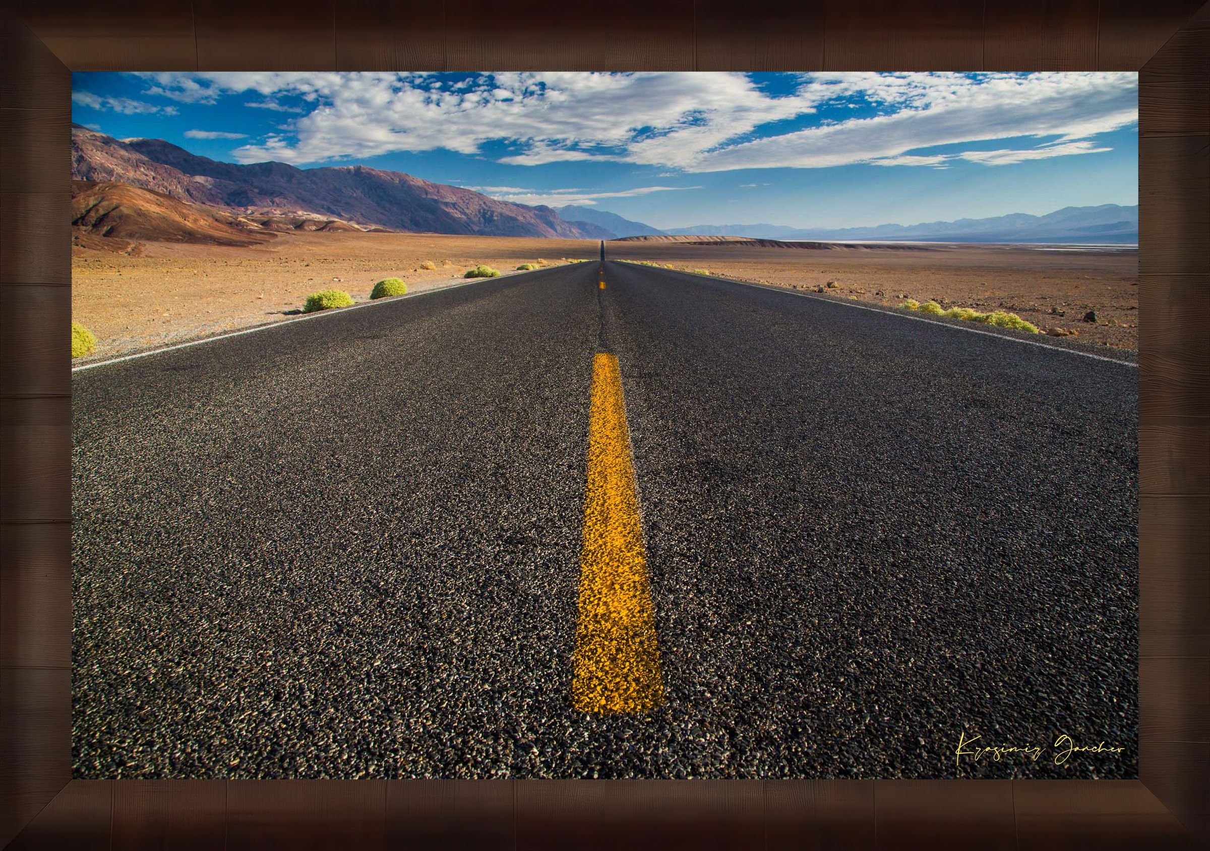 Straight desert road stretching into an open landscape of arid terrain in Death Valley National Park under overcast skies. #Finish_Roma Cigar Leaf Frame