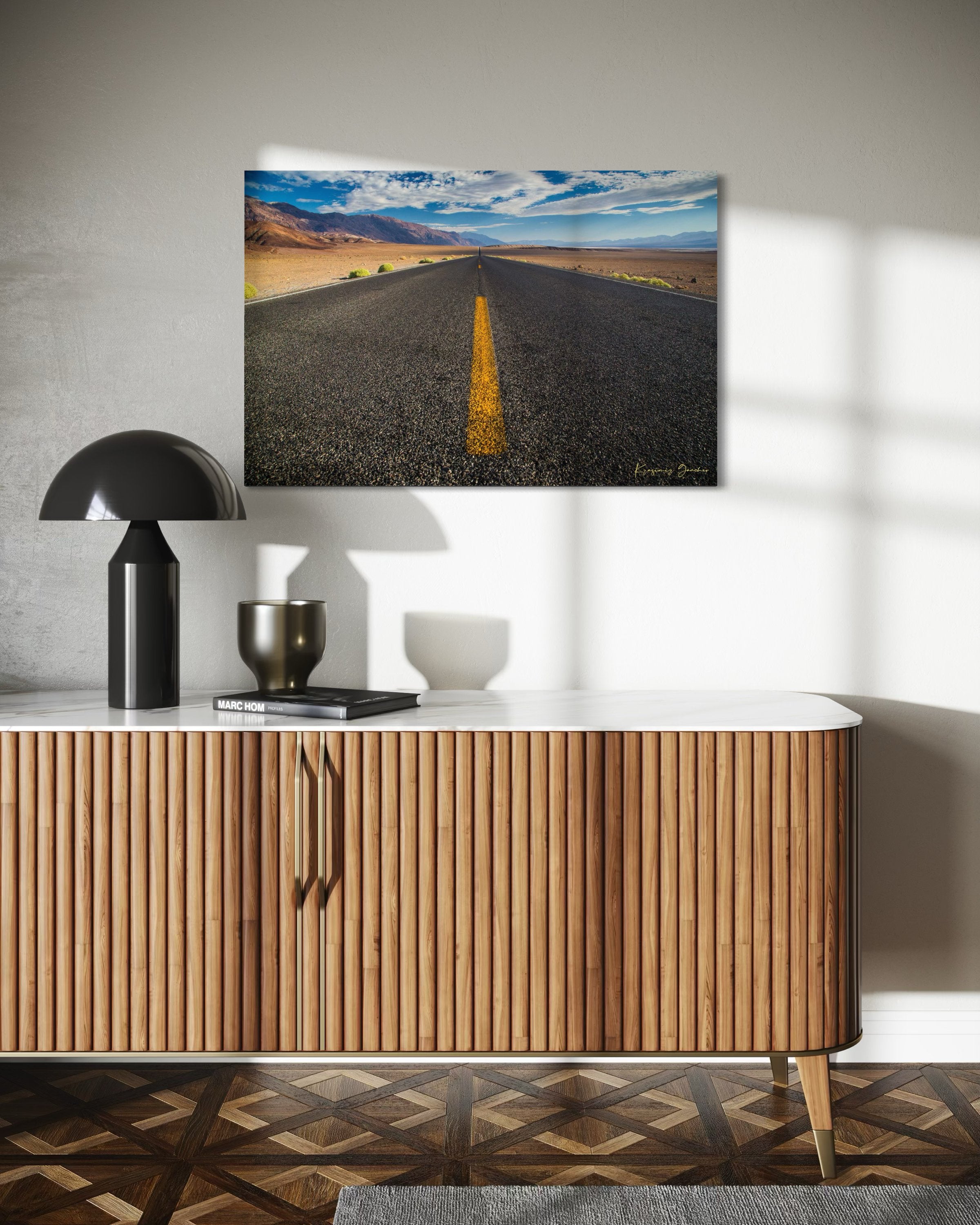 Straight desert road stretching into an open landscape of arid terrain in Death Valley National Park under overcast skies. #Finish_Acrylic Recess