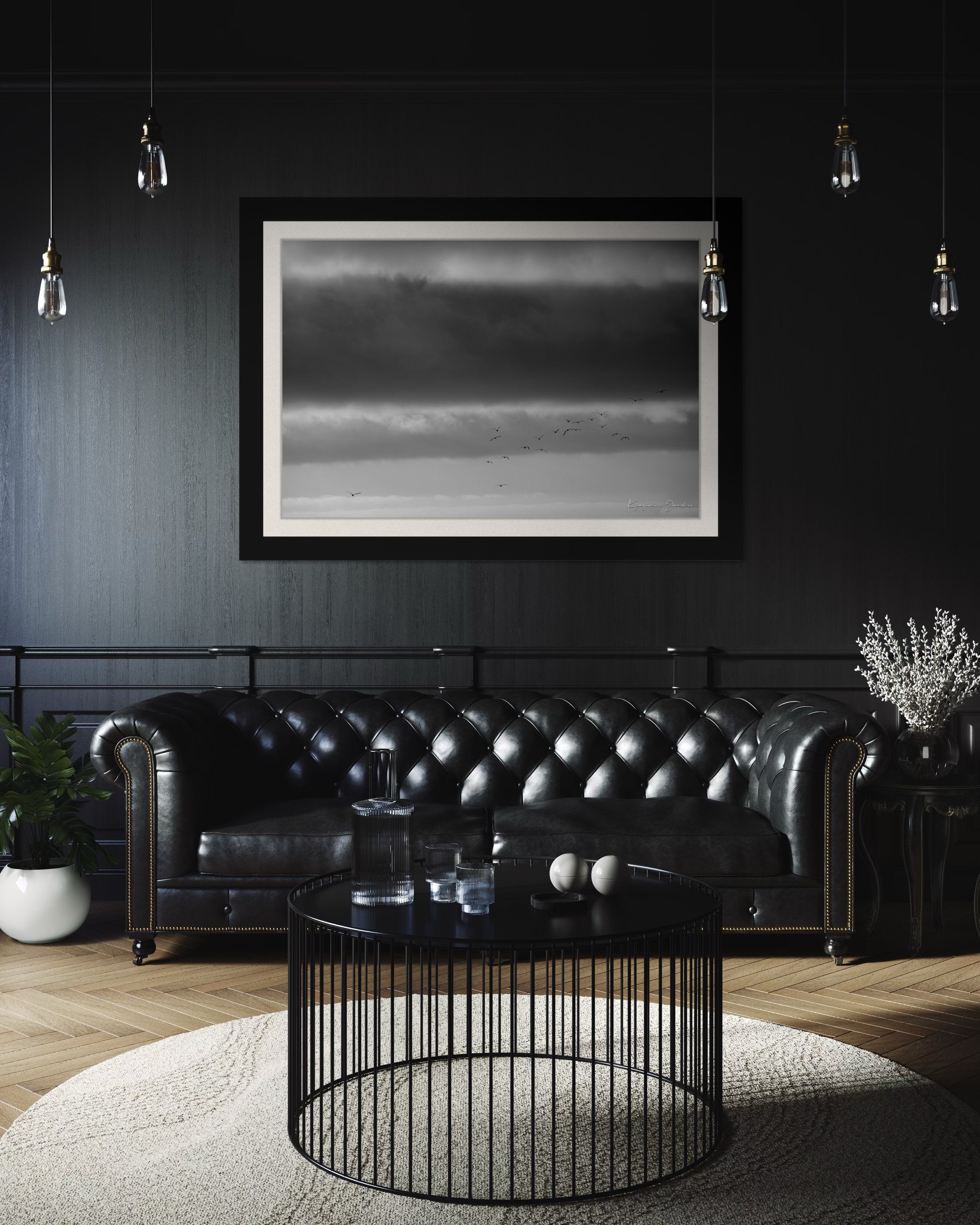 Big Sur landscape under daytime clouds showing a wide sky and distant movement of birds across open terrain. #Finish_Roma Satin Black Frame & Bright Liner