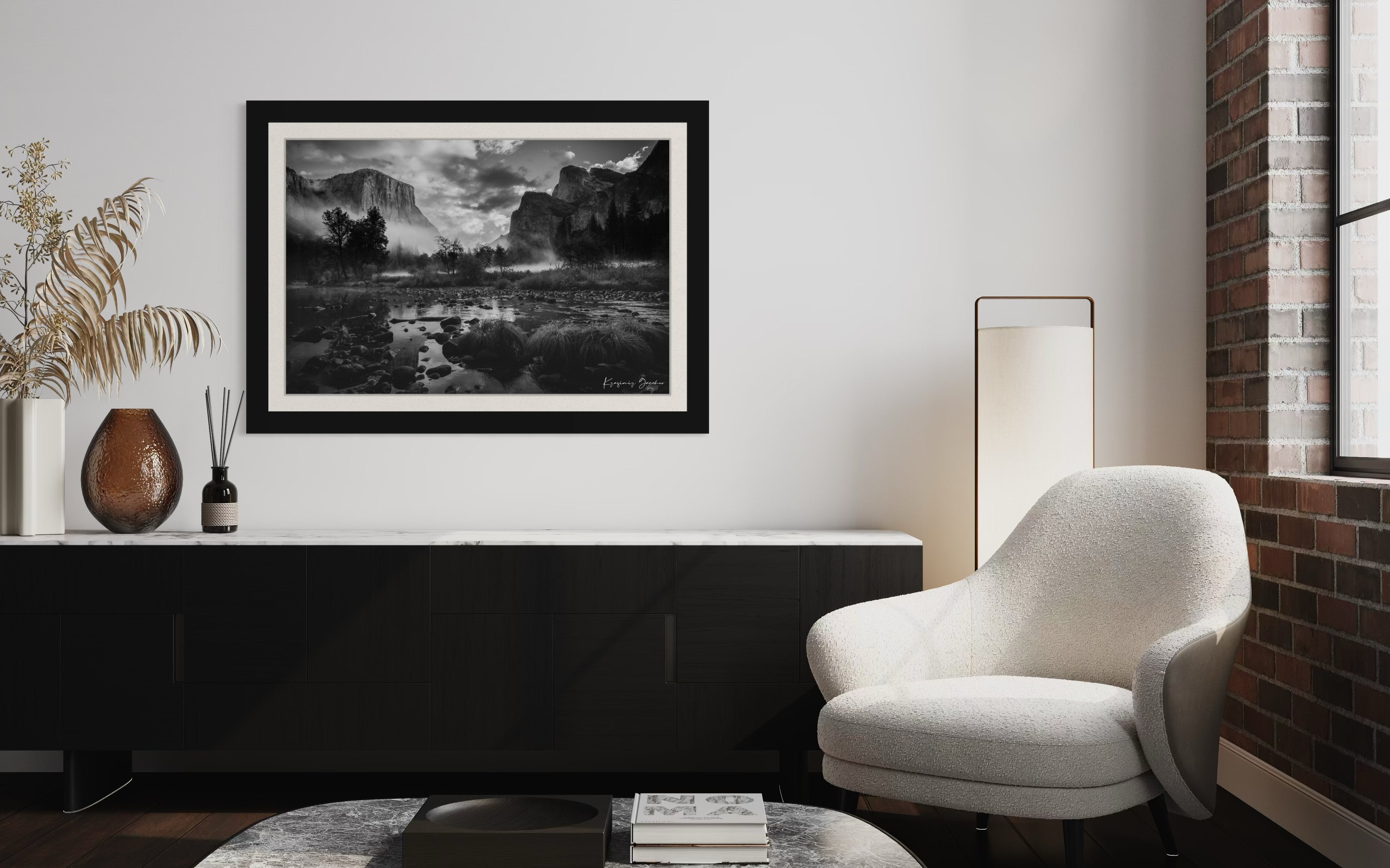 El Capitan at sunrise in Yosemite Valley, misty clouds above a river and waterfall beneath granite cliffs. #Finish_Roma Satin Black Frame & Bright Liner
