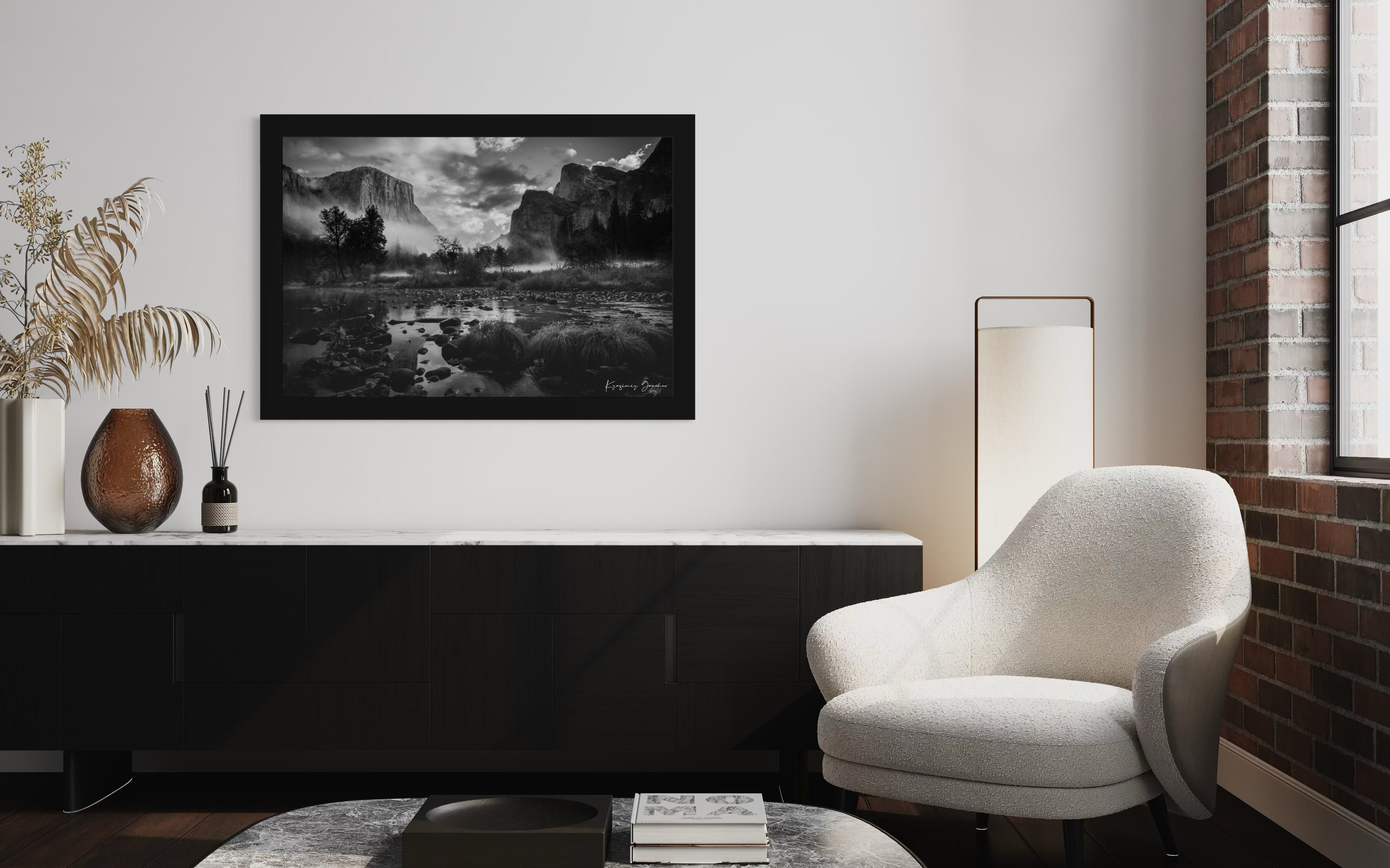 El Capitan at sunrise in Yosemite Valley, misty clouds above a river and waterfall beneath granite cliffs. #Finish_Roma Satin Black Frame