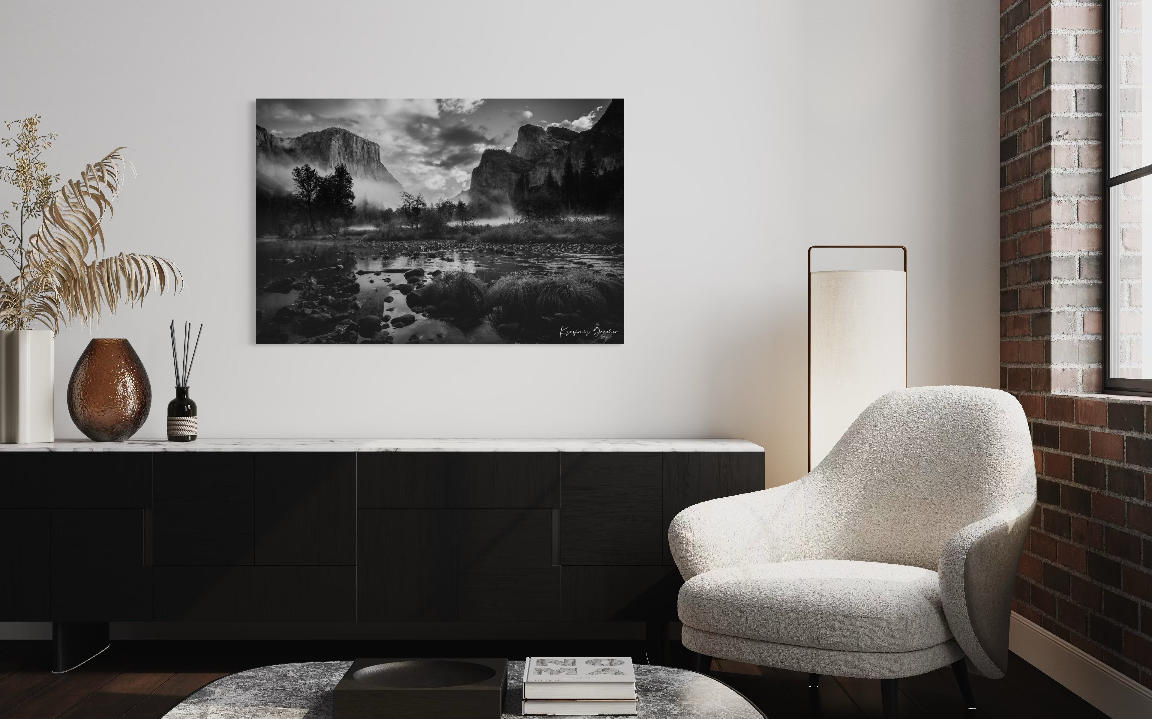 El Capitan at sunrise in Yosemite Valley, misty clouds above a river and waterfall beneath granite cliffs. #Finish_Acrylic Recess