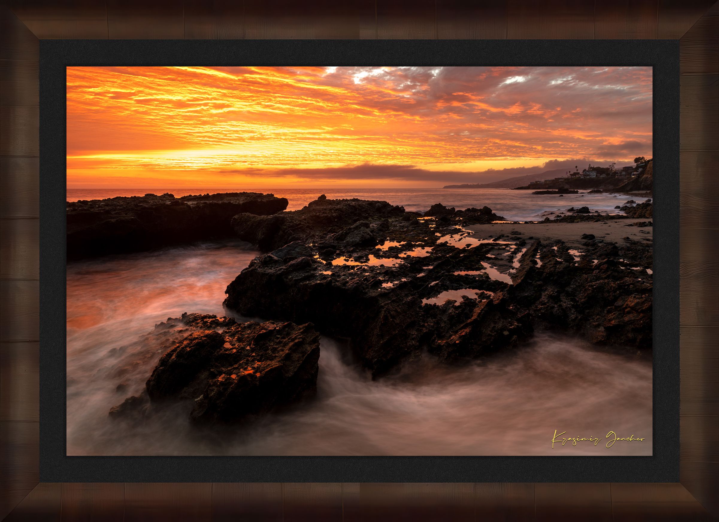 Coastal tide flats of Laguna Beach illuminated by sunset with rolling waves and cloudy skies. #Finish_Roma Cigar Leaf Frame & Dark Liner