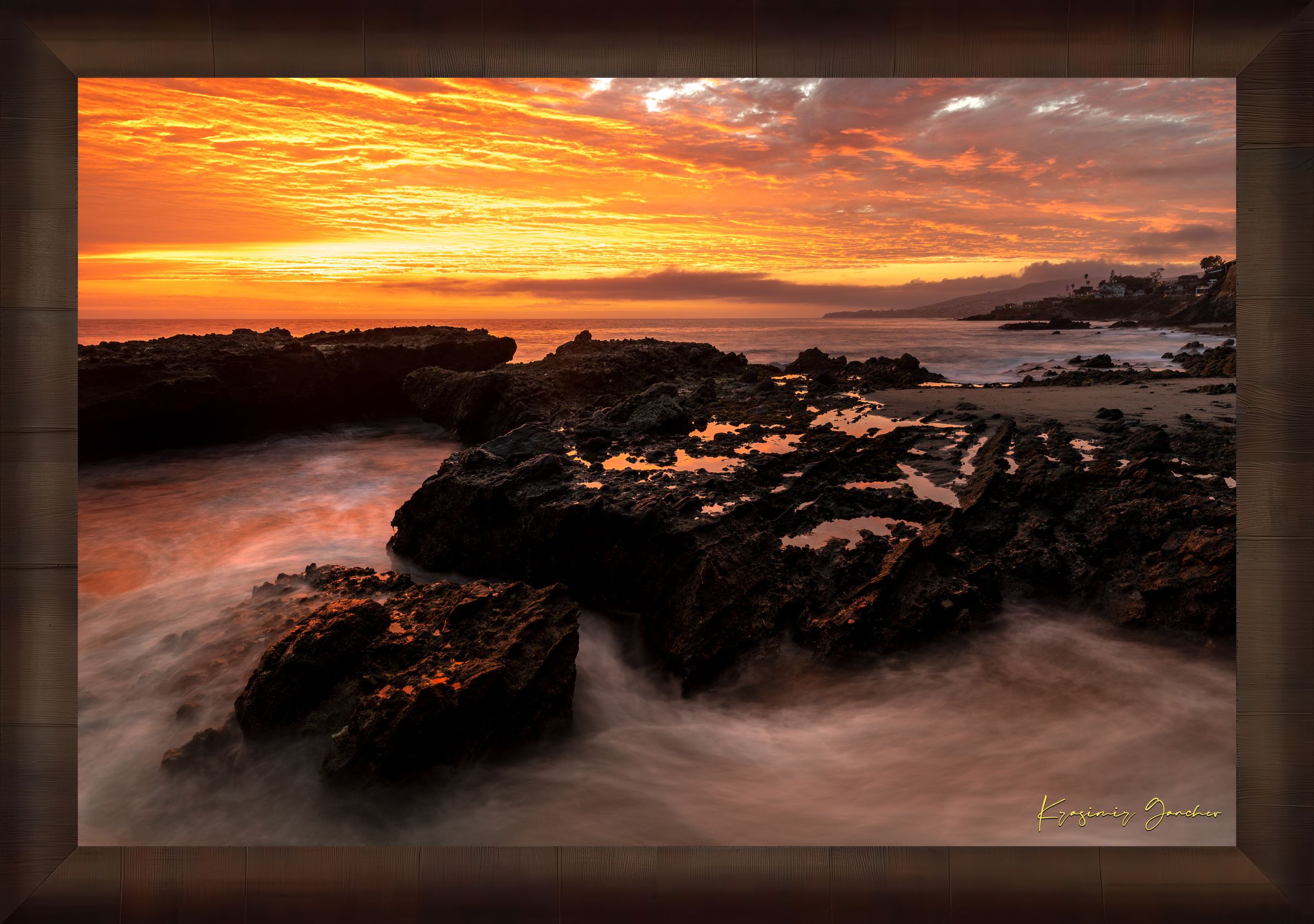 Coastal tide flats of Laguna Beach illuminated by sunset with rolling waves and cloudy skies. #Finish_Roma Cigar Leaf Frame