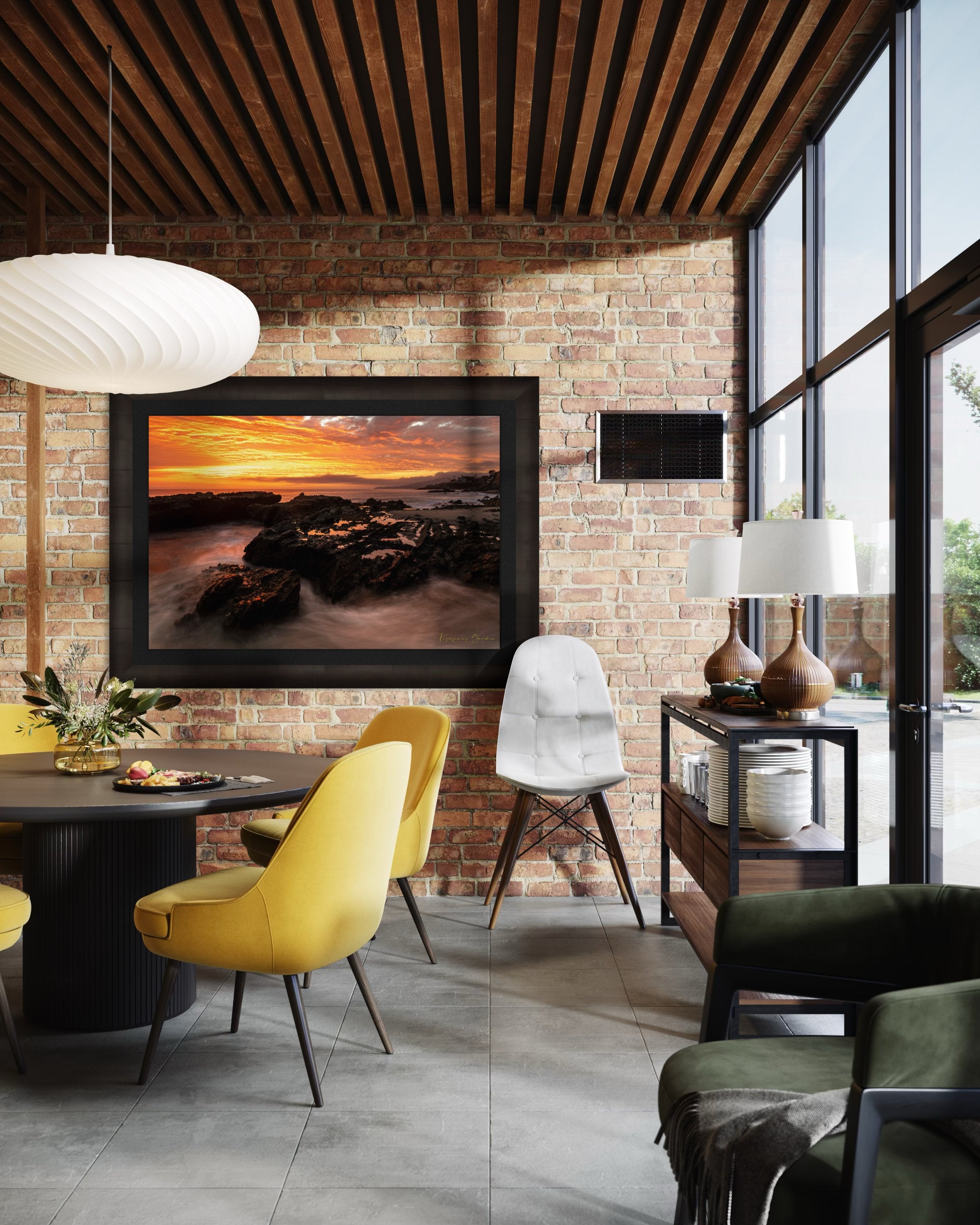 Coastal tide flats of Laguna Beach illuminated by sunset with rolling waves and cloudy skies. #Finish_Roma Dark Ash Frame & Dark Liner