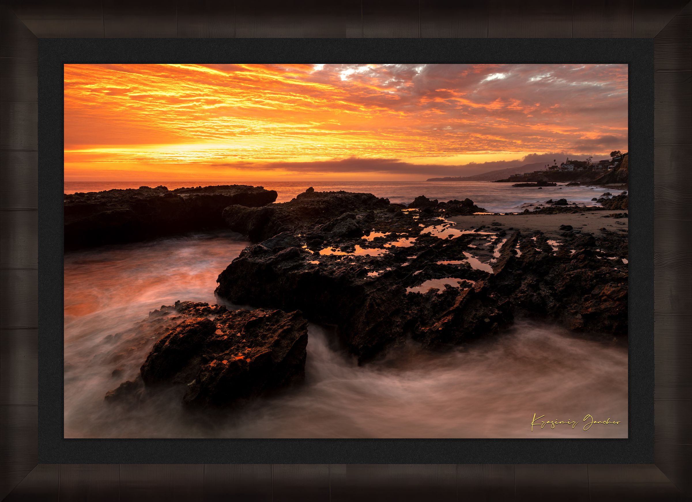 Coastal tide flats of Laguna Beach illuminated by sunset with rolling waves and cloudy skies. #Finish_Roma Dark Ash Frame & Dark Liner