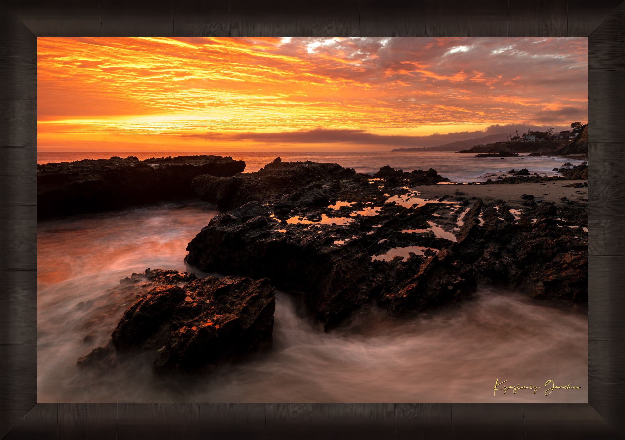 Coastal tide flats of Laguna Beach illuminated by sunset with rolling waves and cloudy skies. #Finish_Roma Dark Ash Frame