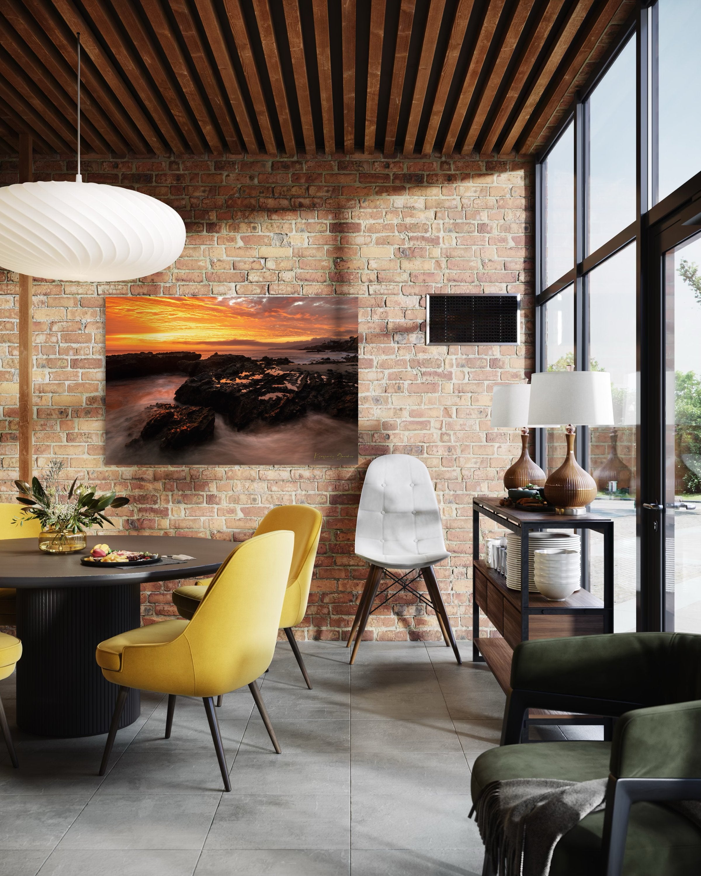 Coastal tide flats of Laguna Beach illuminated by sunset with rolling waves and cloudy skies. #Finish_Acrylic Recess