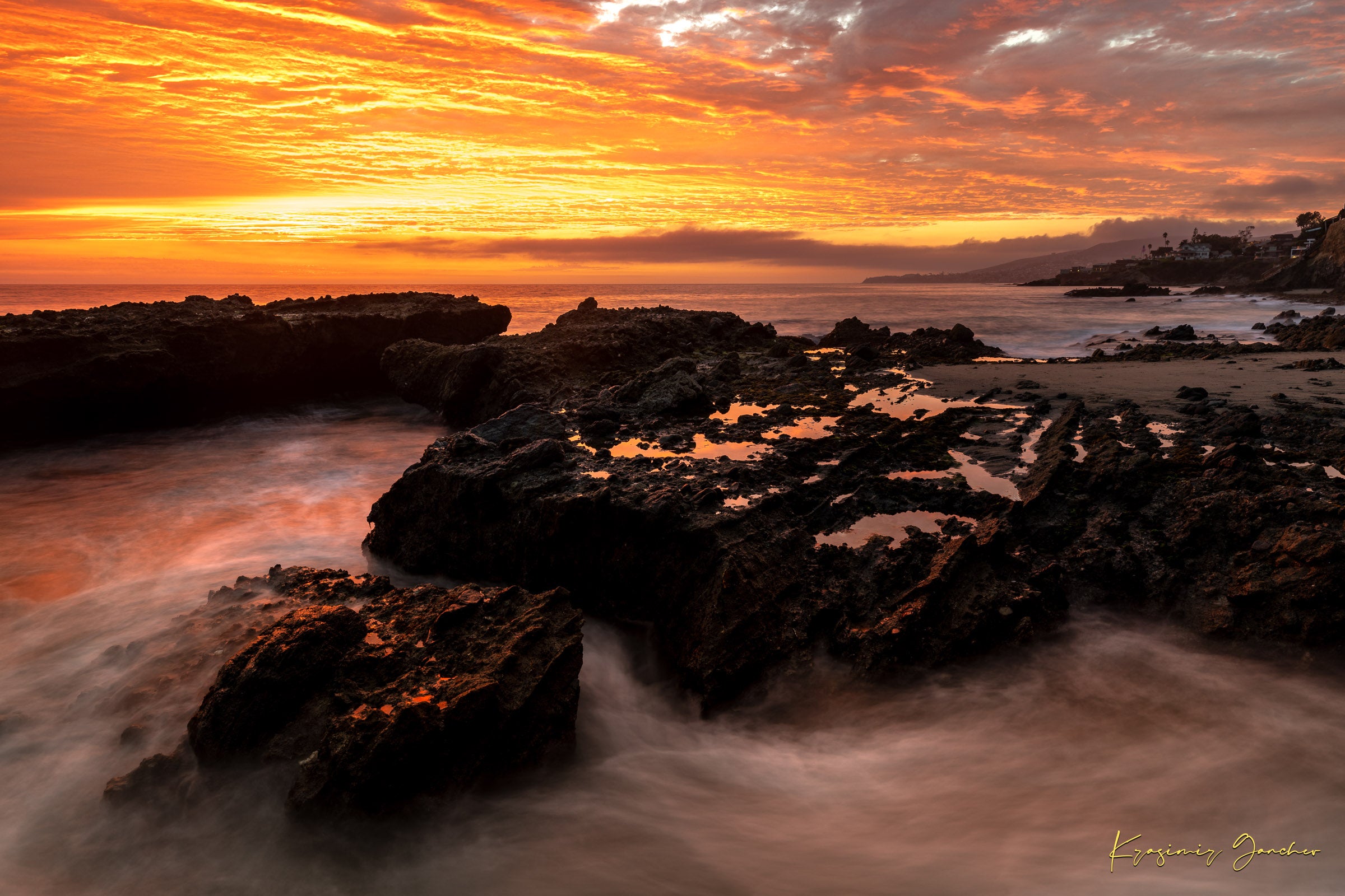 Coastal tide flats of Laguna Beach illuminated by sunset with rolling waves and cloudy skies. #Finish_Acrylic Recess