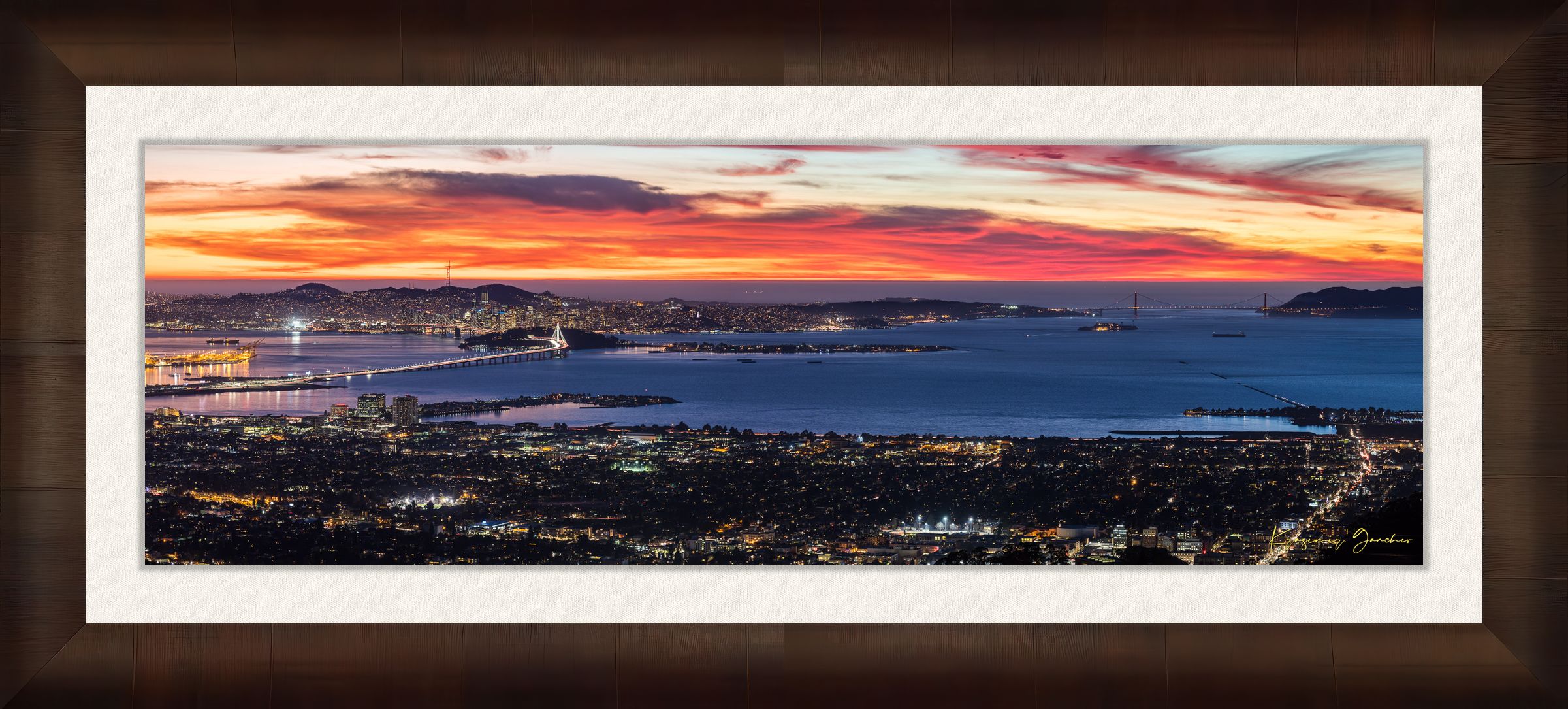 Wide-angle view of San Francisco’s Bay Bridge lit by dusk, urban grid patterns reflecting across the bay under cloudy skies. #Finish_Roma Cigar Leaf Frame & Bright Liner
