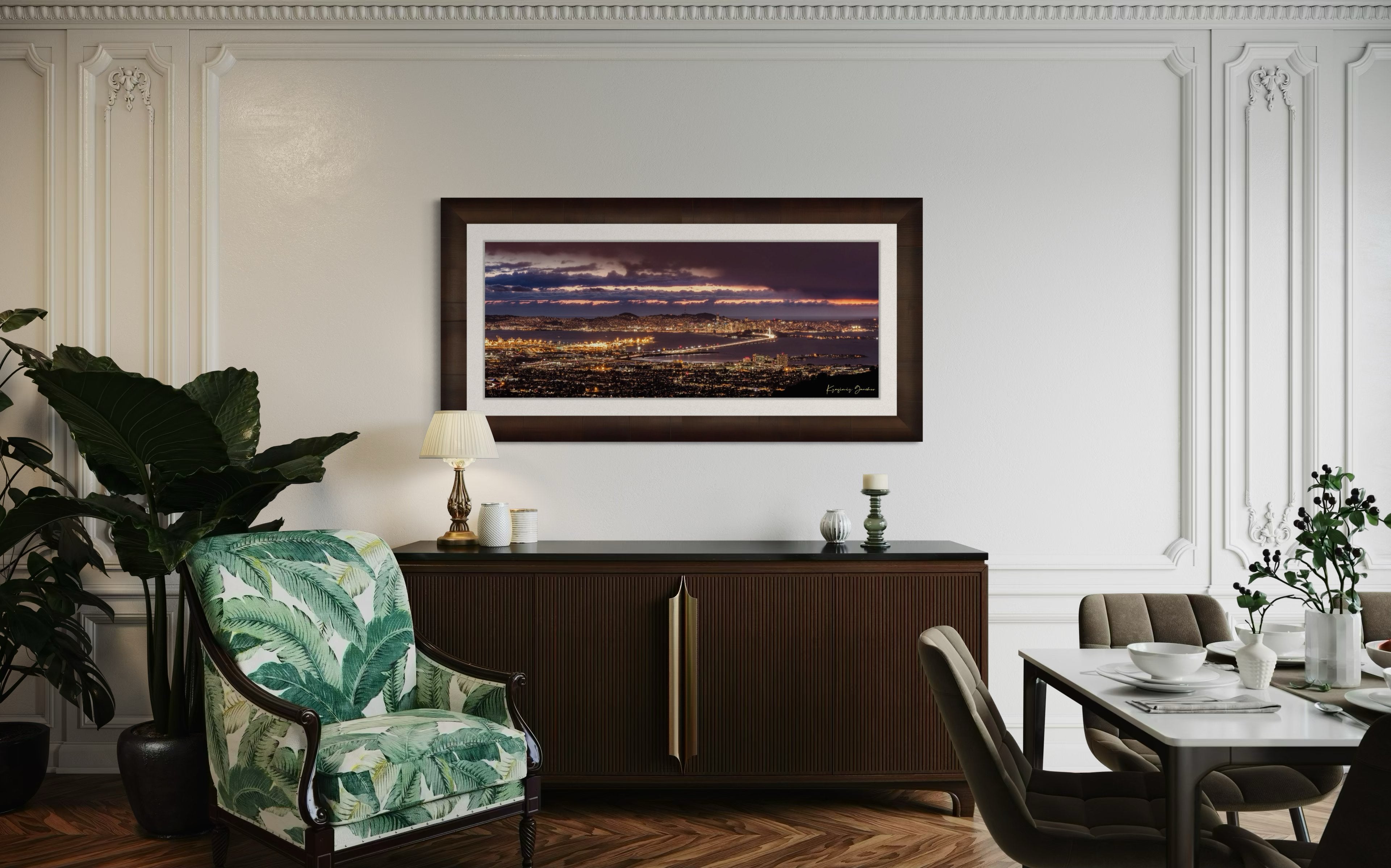 Landscape photograph of Golden Gate Bridge illuminated at night over San Francisco Bay under cloudy skies. #Finish_Roma Cigar Leaf Frame & Bright Liner