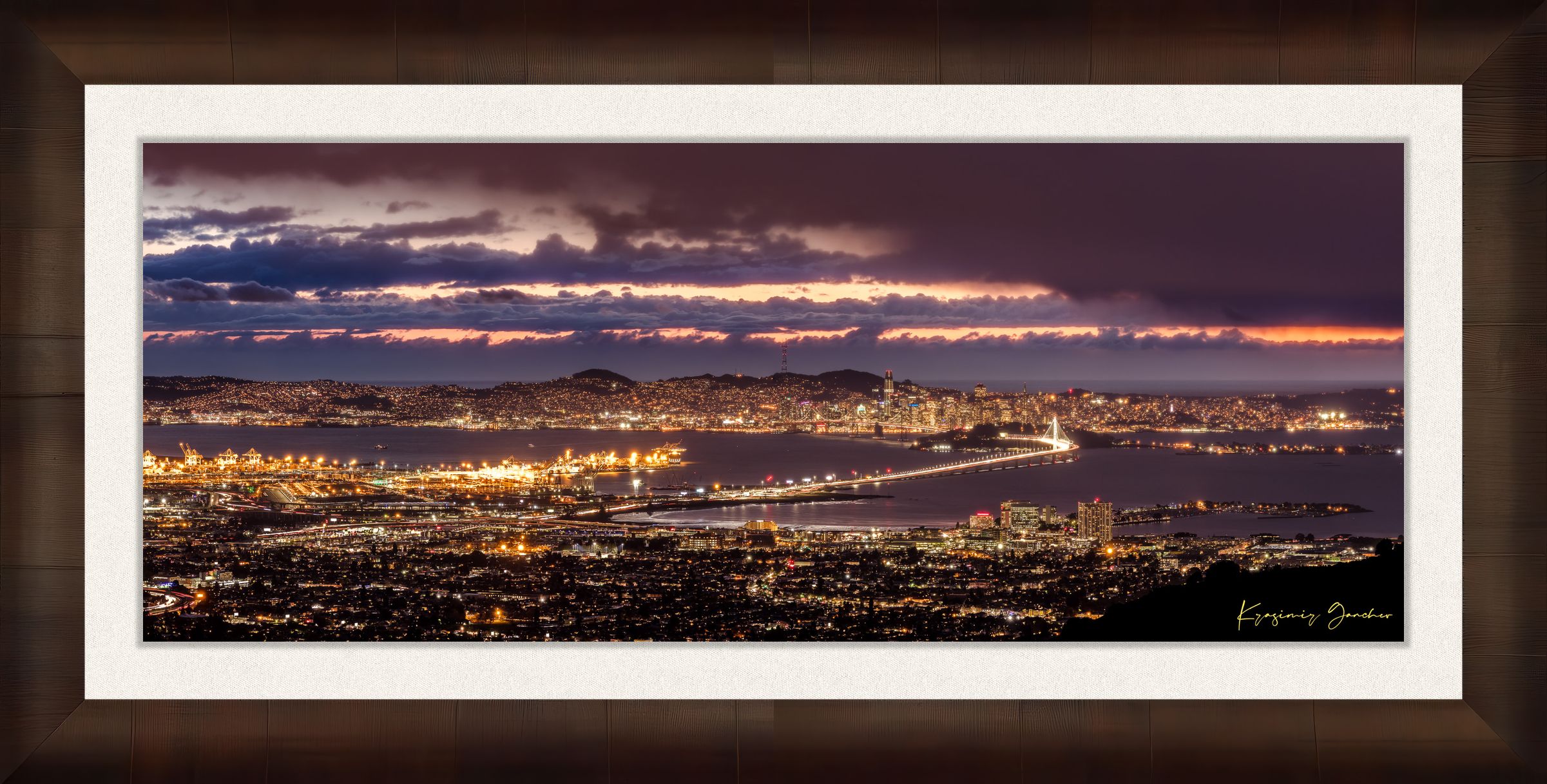 Landscape photograph of Golden Gate Bridge illuminated at night over San Francisco Bay under cloudy skies. #Finish_Roma Cigar Leaf Frame & Bright Liner
