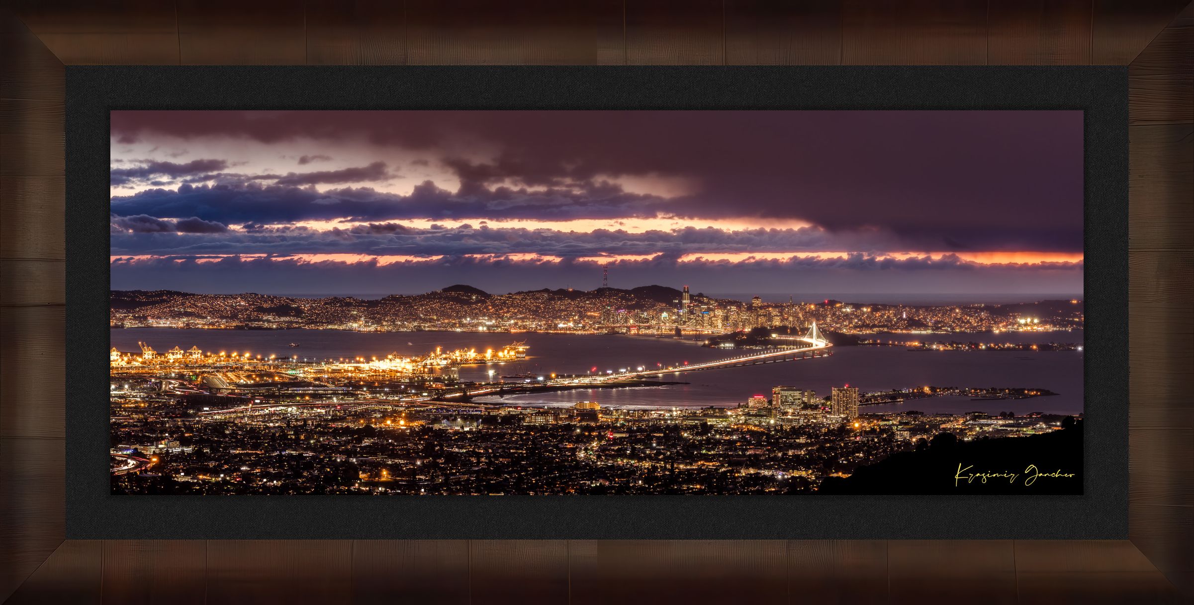 Landscape photograph of Golden Gate Bridge illuminated at night over San Francisco Bay under cloudy skies. #Finish_Roma Cigar Leaf Frame & Dark Liner