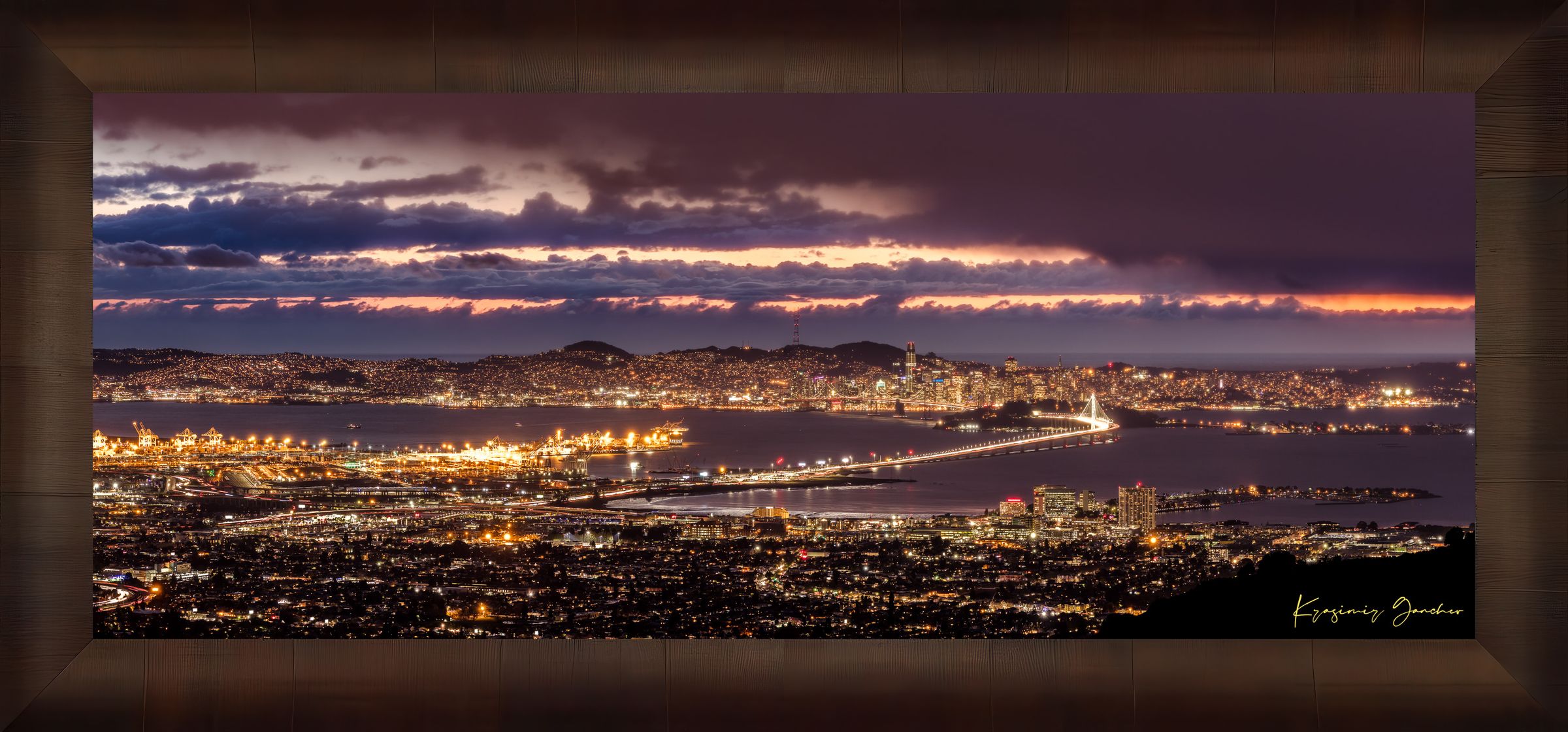 Landscape photograph of Golden Gate Bridge illuminated at night over San Francisco Bay under cloudy skies. #Finish_Roma Cigar Leaf Frame