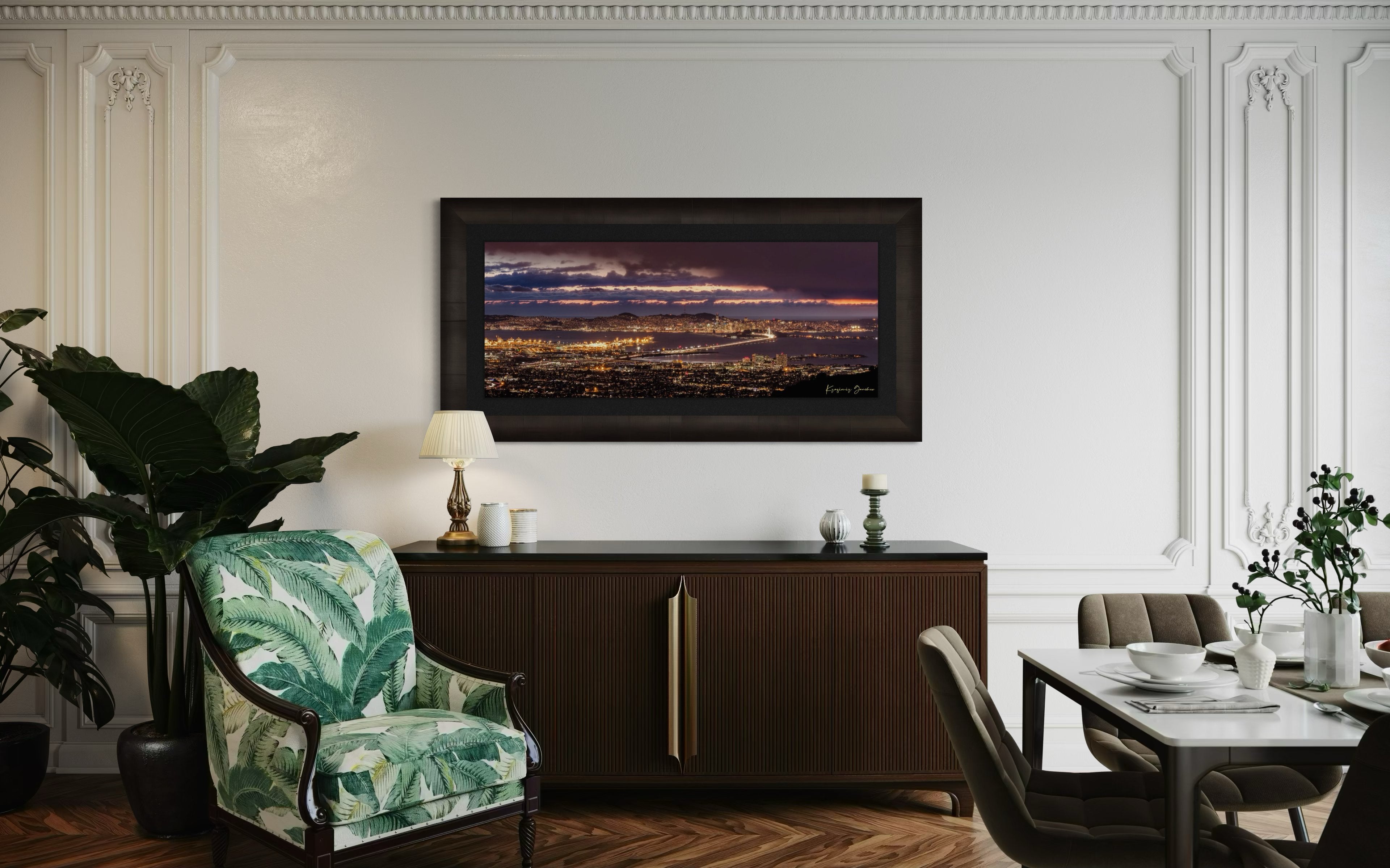 Landscape photograph of Golden Gate Bridge illuminated at night over San Francisco Bay under cloudy skies. #Finish_Roma Dark Ash Frame & Dark Liner